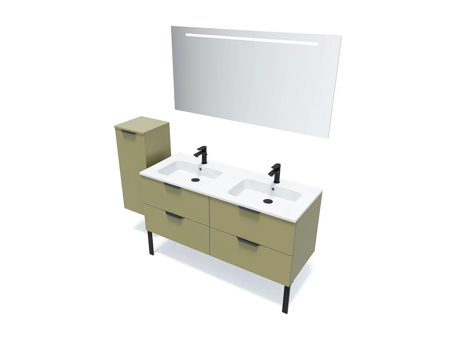 Meuble de salle de bain suspendu double vasque intégrée 140cm 4 tiroirs Vert olive + miroir - Soho