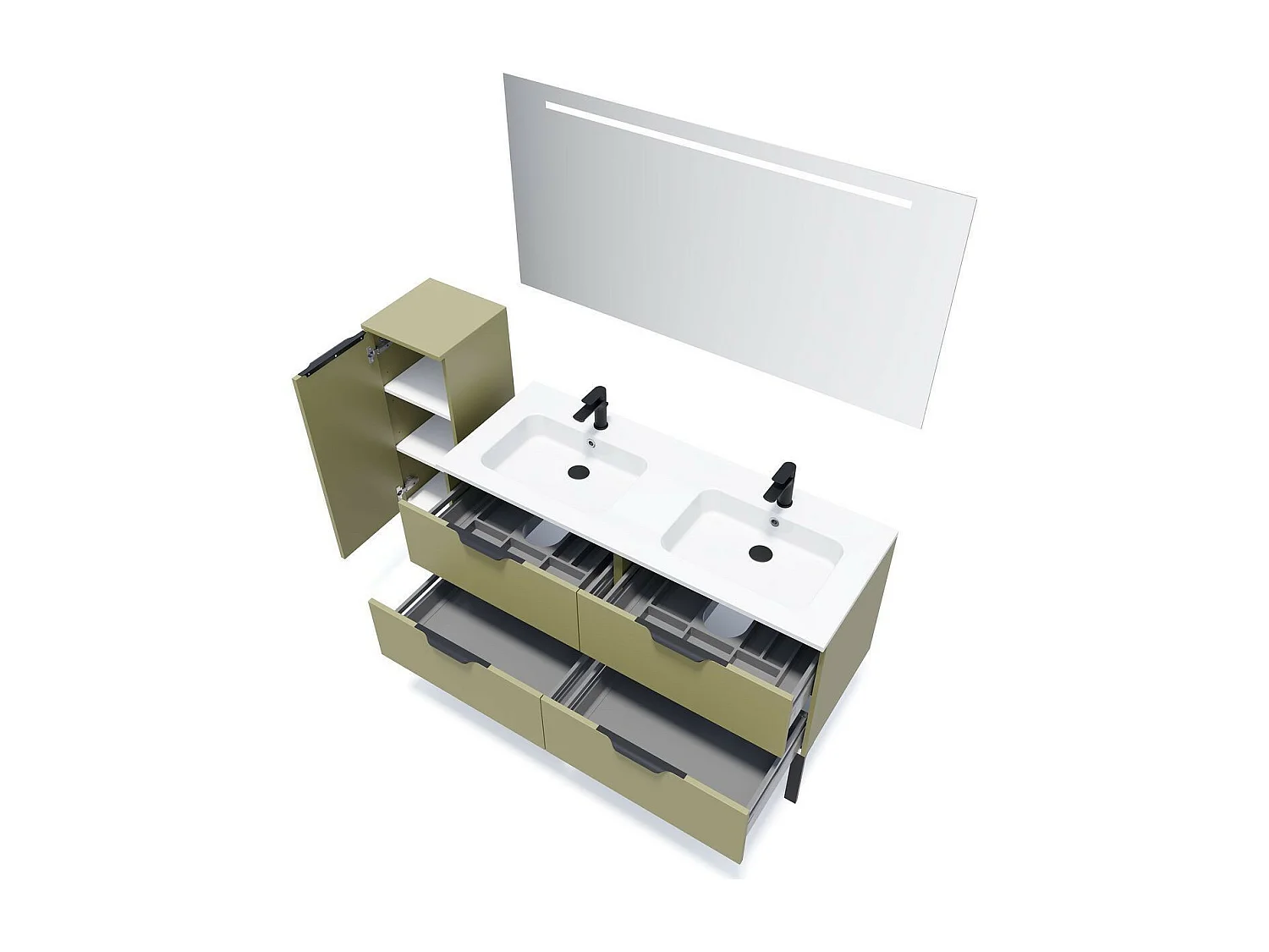Meuble de salle de bain suspendu double vasque intégrée 140cm 4 tiroirs Vert olive + miroir - Soho