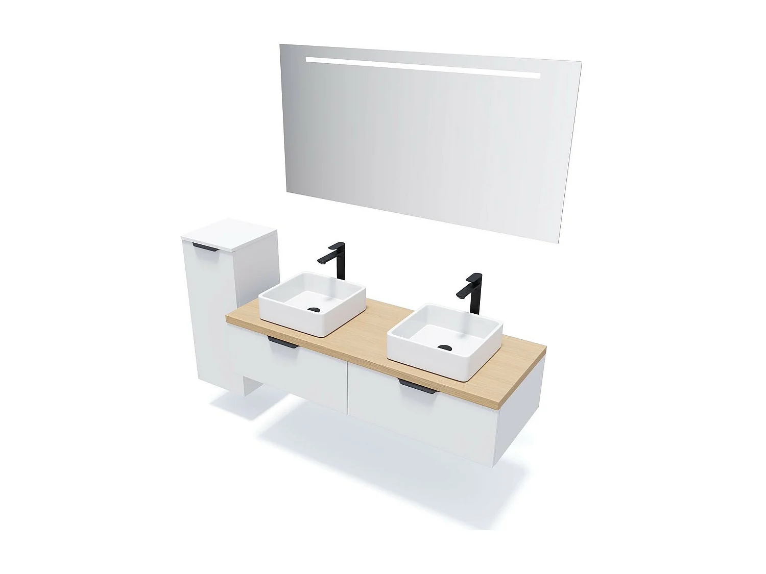 Meuble de salle de bain suspendu 2 vasques à poser 140cm 2 tiroirs Blanc + miroir - Soho