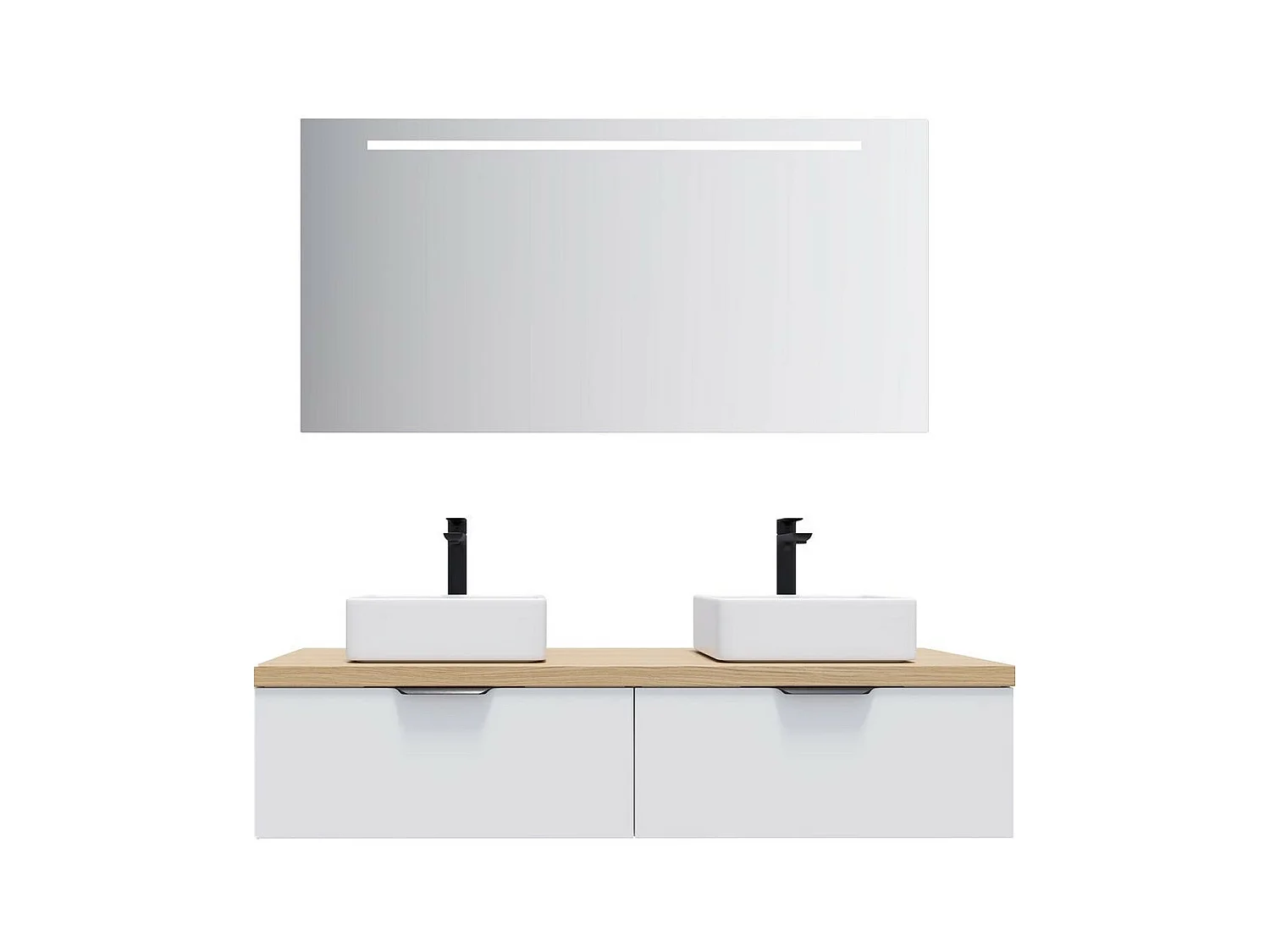 Meuble de salle de bain suspendu 2 vasques à poser 140cm 2 tiroirs Blanc + miroir - Soho