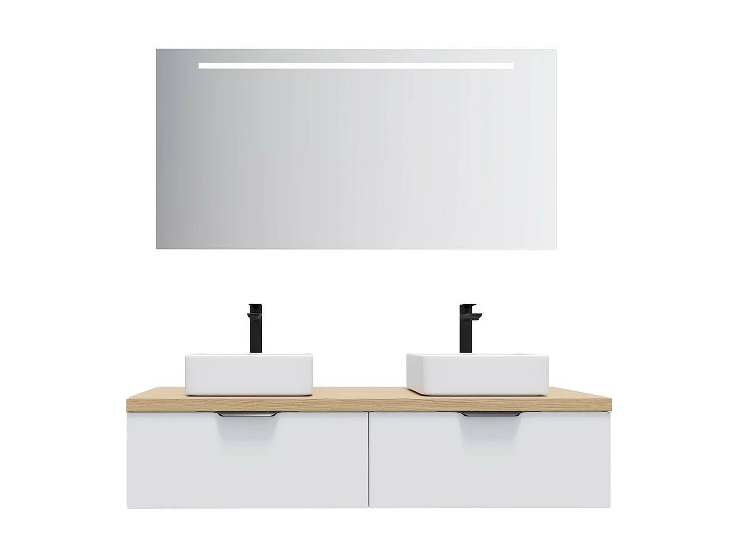 Meuble de salle de bain suspendu 2 vasques à poser 140cm 2 tiroirs Blanc + miroir - Soho