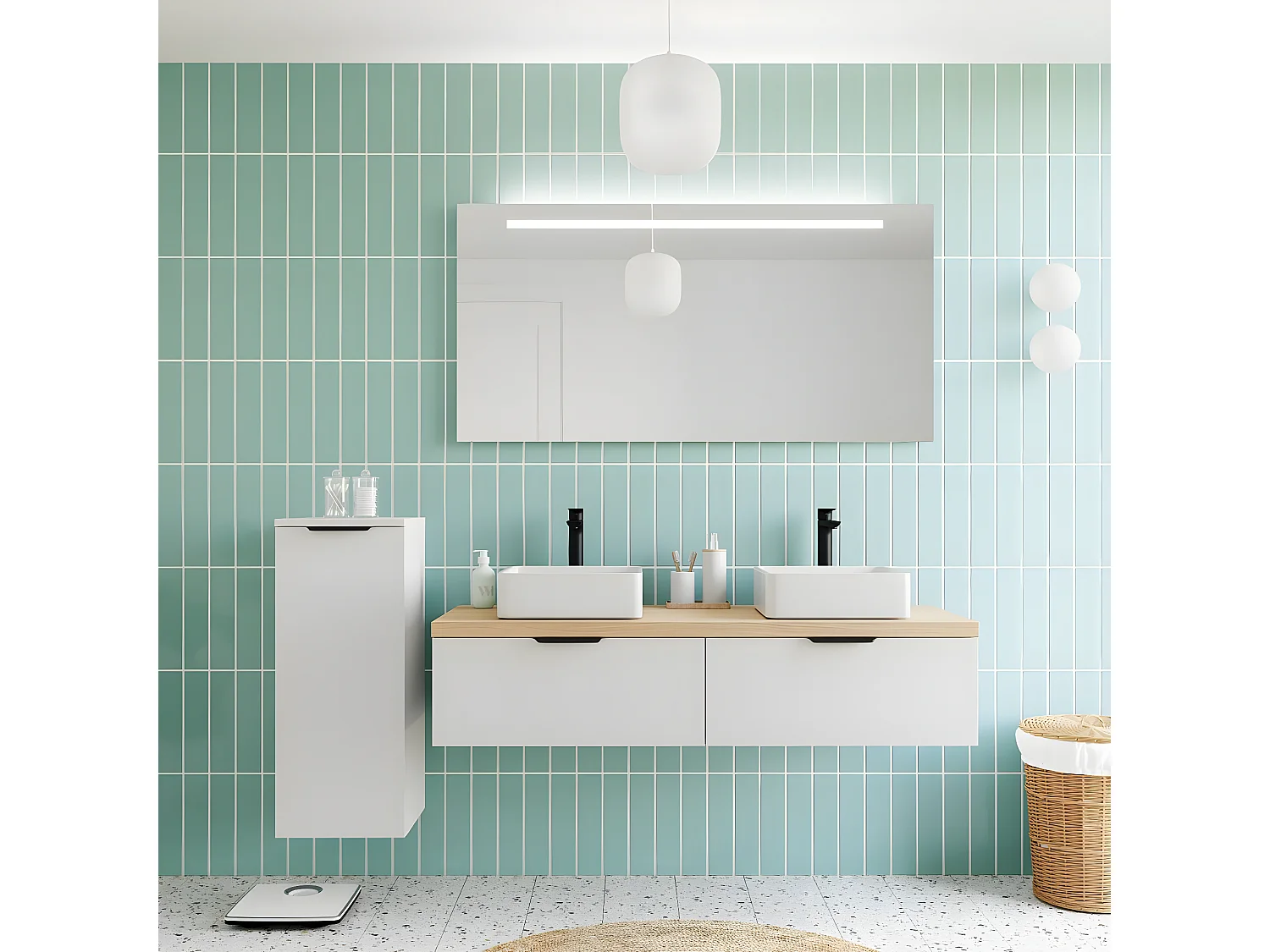 Meuble de salle de bain suspendu 2 vasques à poser 140cm 2 tiroirs Blanc + miroir - Soho