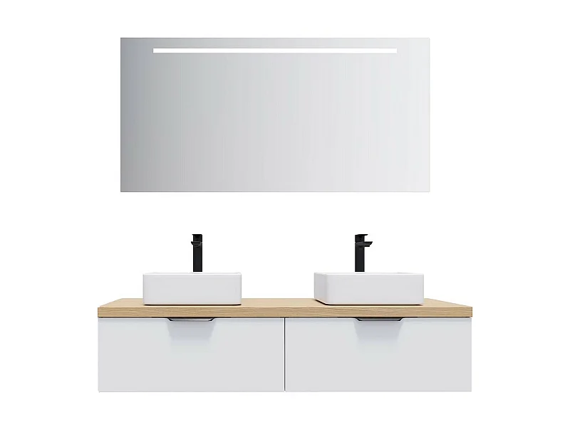 Meuble de salle de bain suspendu 2 vasques à poser 140cm 2 tiroirs Blanc + miroir - Soho