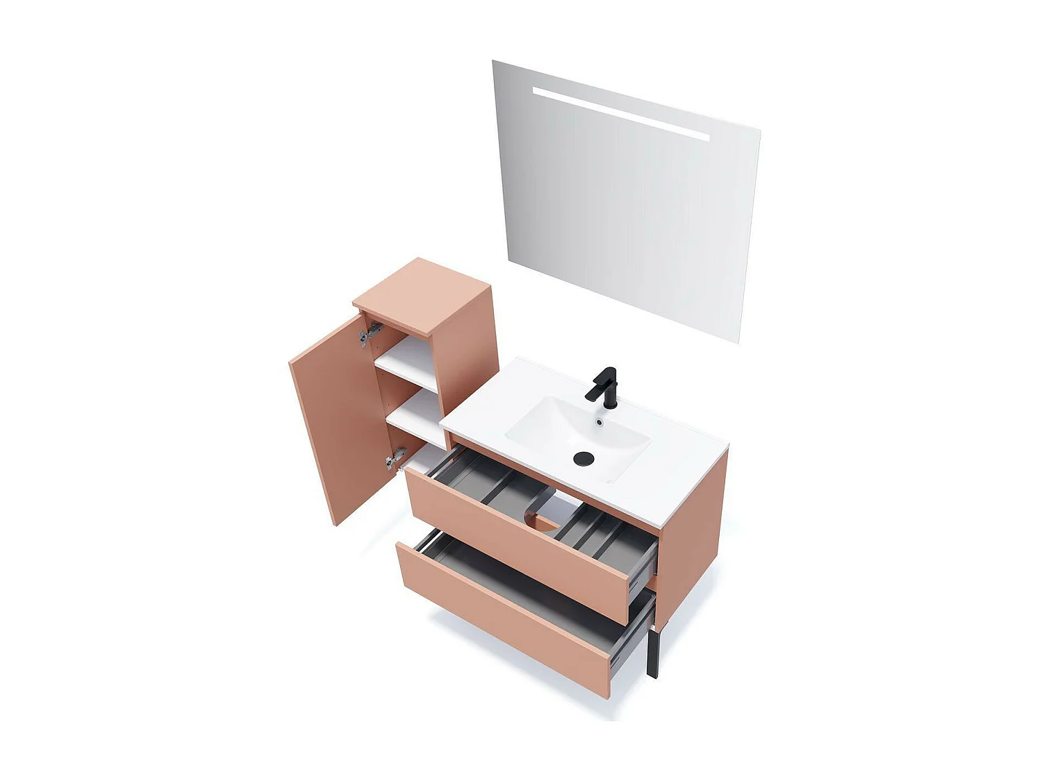 Meuble de salle de bain suspendu vasque intégrée 90cm 2 tiroirs Abricot + miroir - Hudson