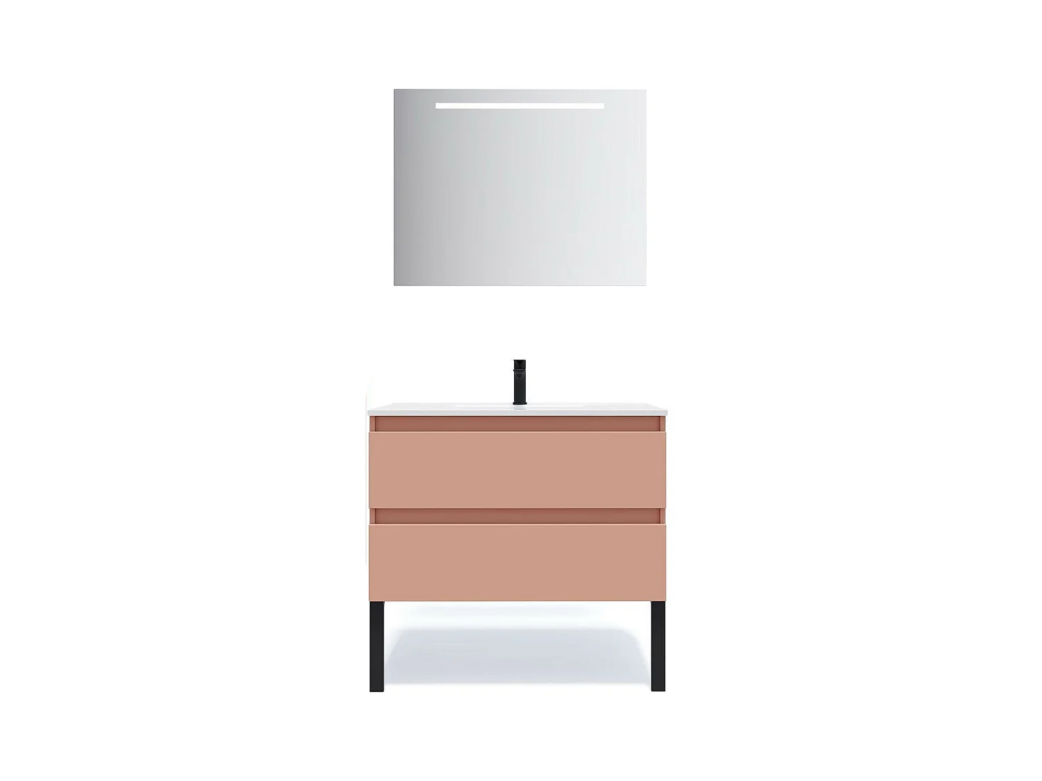 Meuble de salle de bain suspendu vasque intégrée 90cm 2 tiroirs Abricot + miroir - Hudson