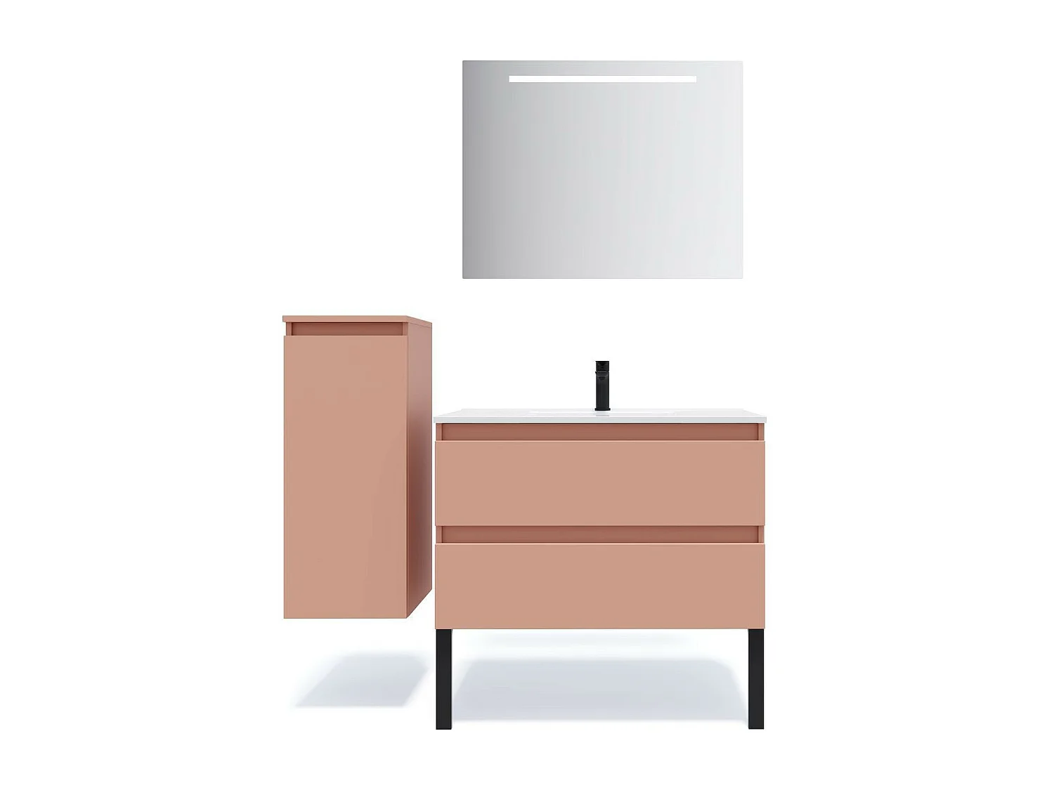 Meuble de salle de bain suspendu vasque intégrée 90cm 2 tiroirs Abricot + miroir - Hudson