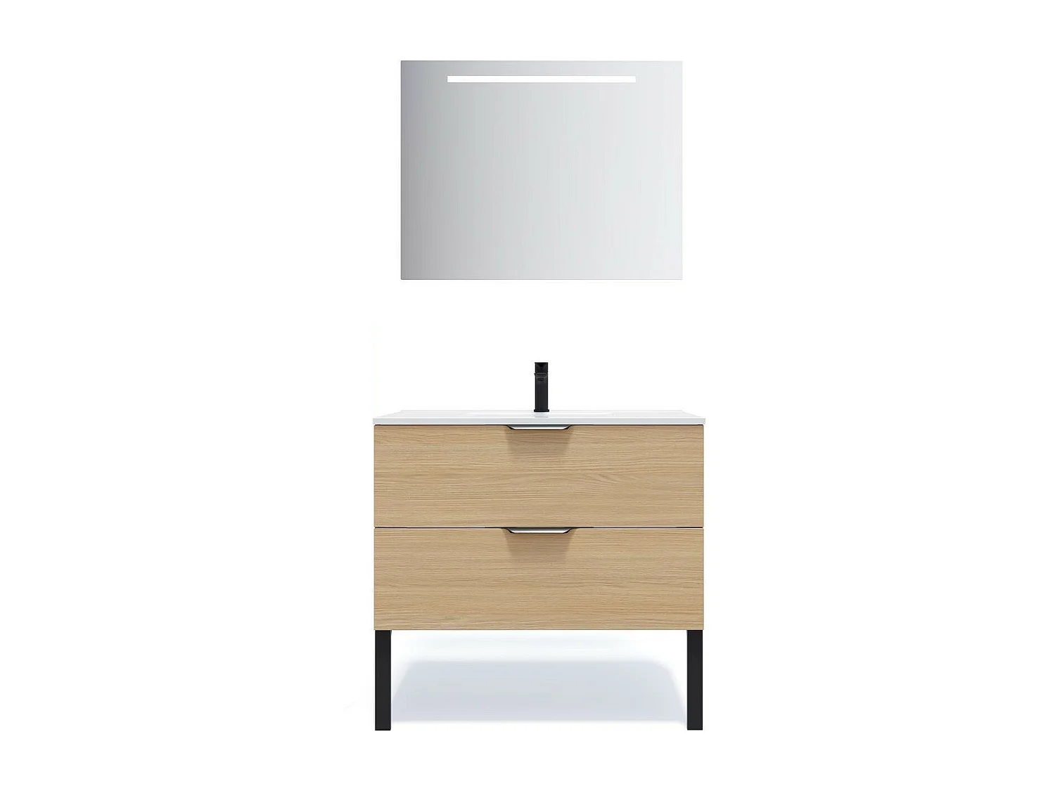 Meuble de salle de bain suspendu vasque intégrée 90cm 2 tiroirs Chêne clair + miroir - Venice