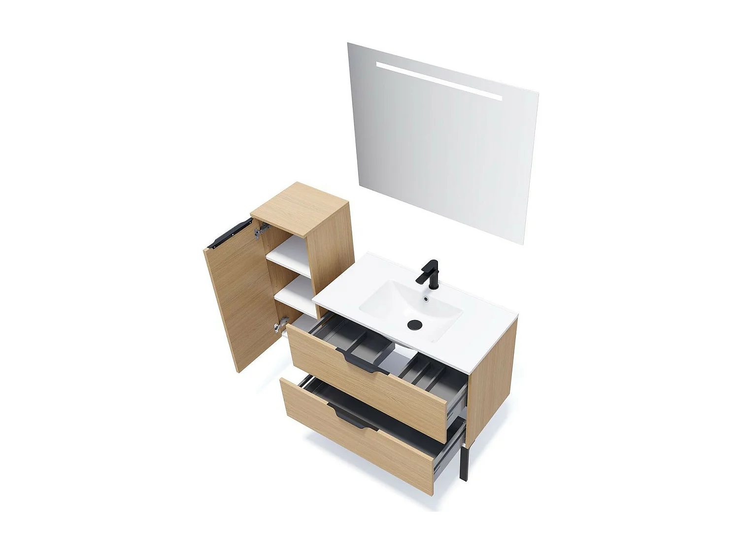 Meuble de salle de bain suspendu vasque intégrée 90cm 2 tiroirs Chêne clair + miroir - Venice