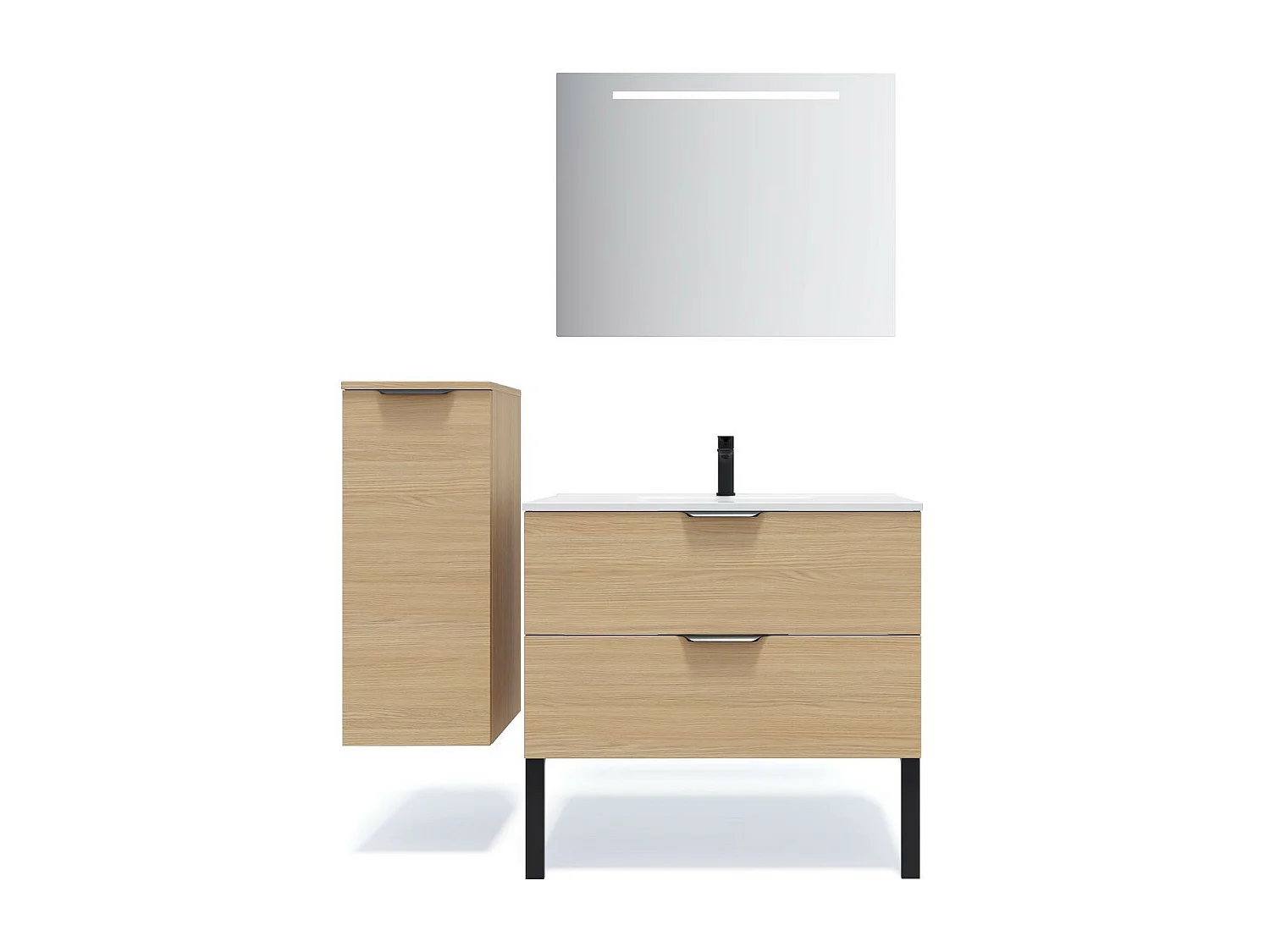 Meuble de salle de bain suspendu vasque intégrée 90cm 2 tiroirs Chêne clair + miroir - Venice