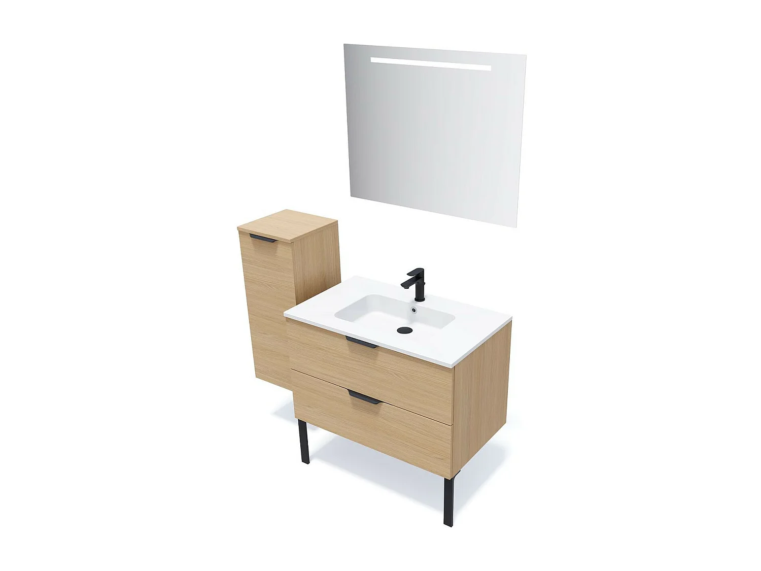 Meuble de salle de bain suspendu vasque intégrée 90cm 2 tiroirs Chêne clair + miroir - Soho