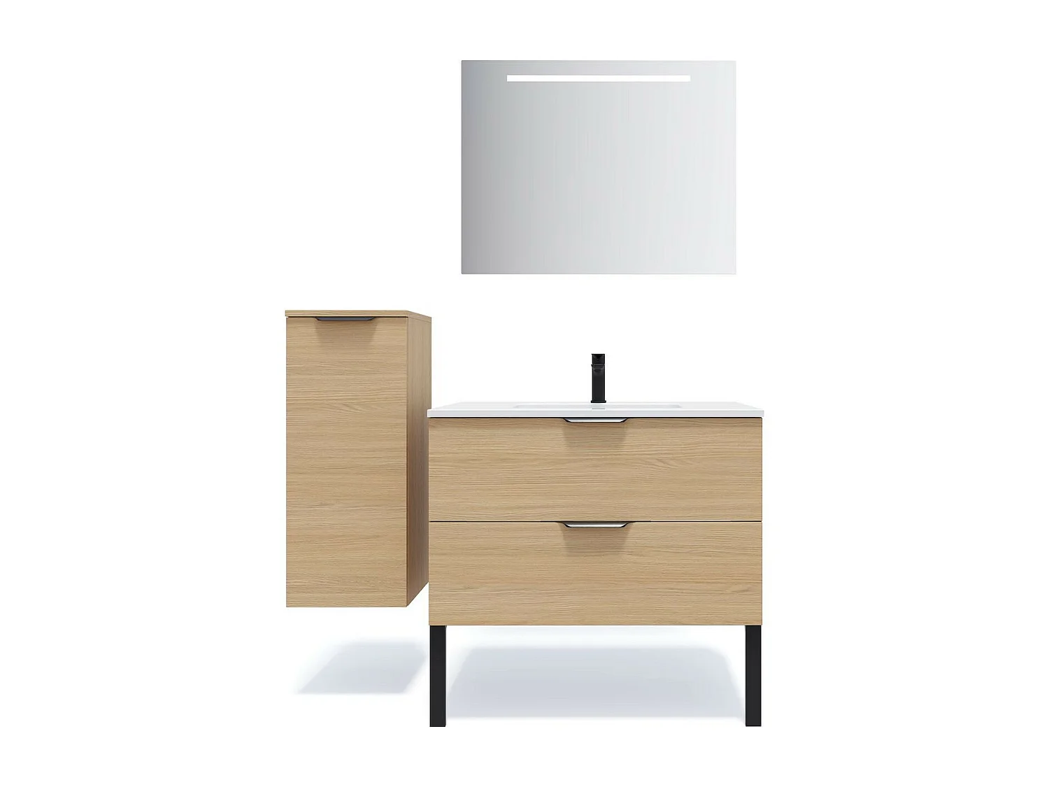 Meuble de salle de bain suspendu vasque intégrée 90cm 2 tiroirs Chêne clair + miroir - Soho