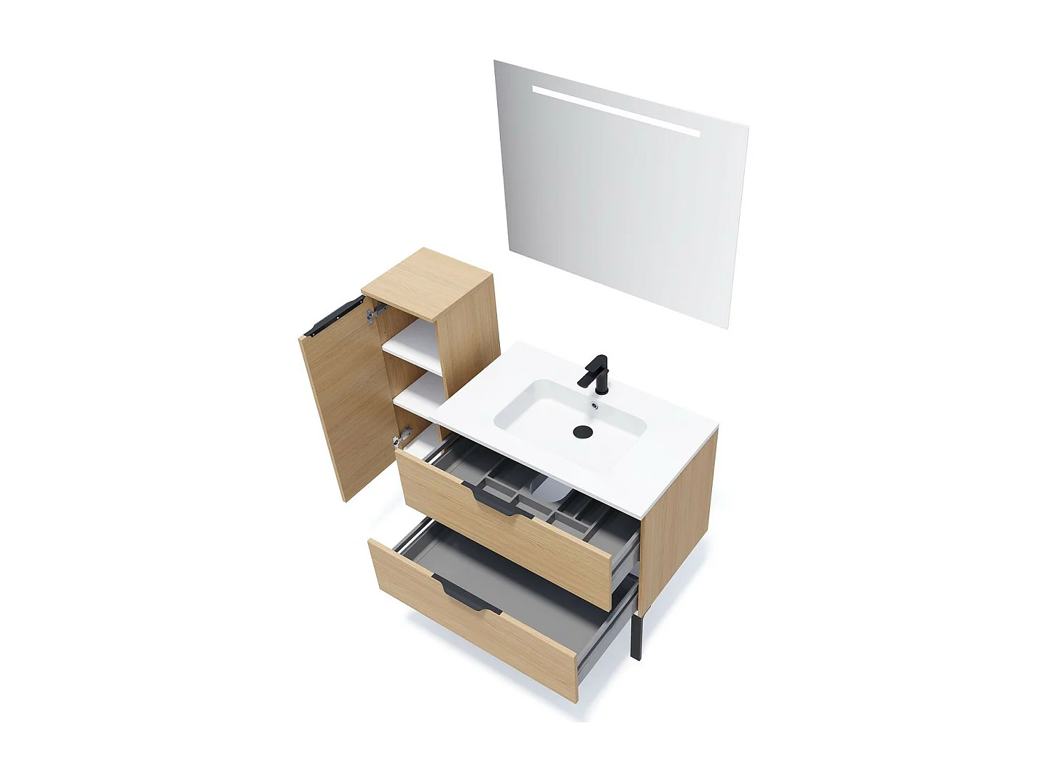 Meuble de salle de bain suspendu vasque intégrée 90cm 2 tiroirs Chêne clair + miroir - Soho