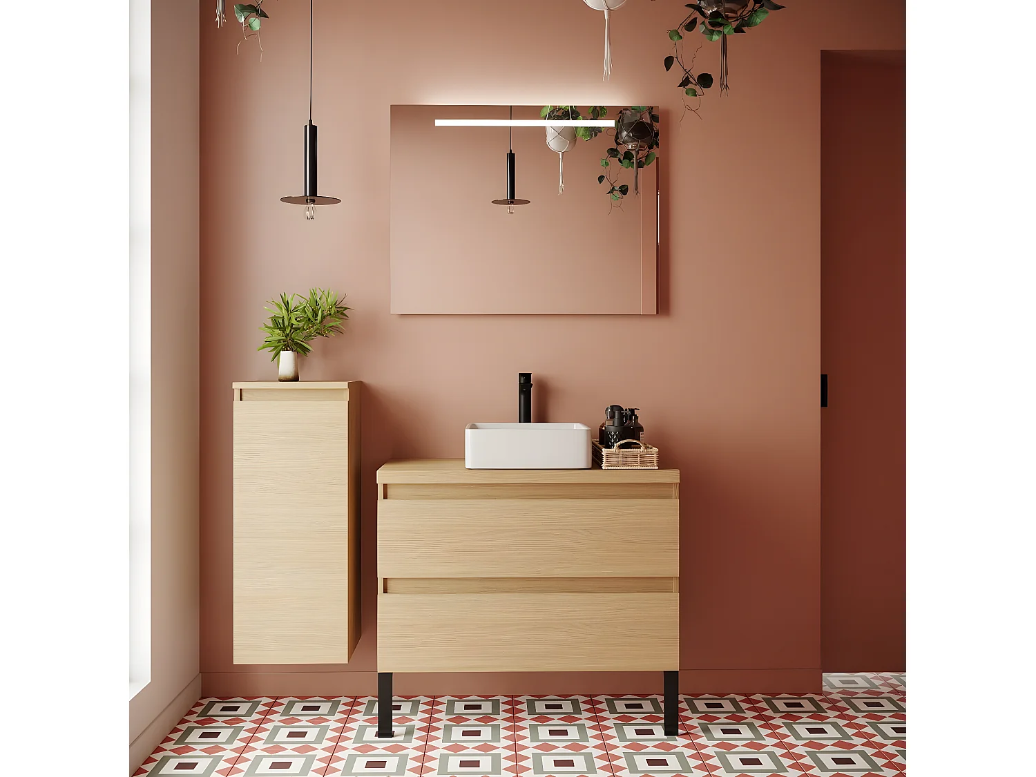 Meuble de salle de bain suspendu vasque à poser 90cm 2 tiroirs Chêne clair + miroir - Hudson