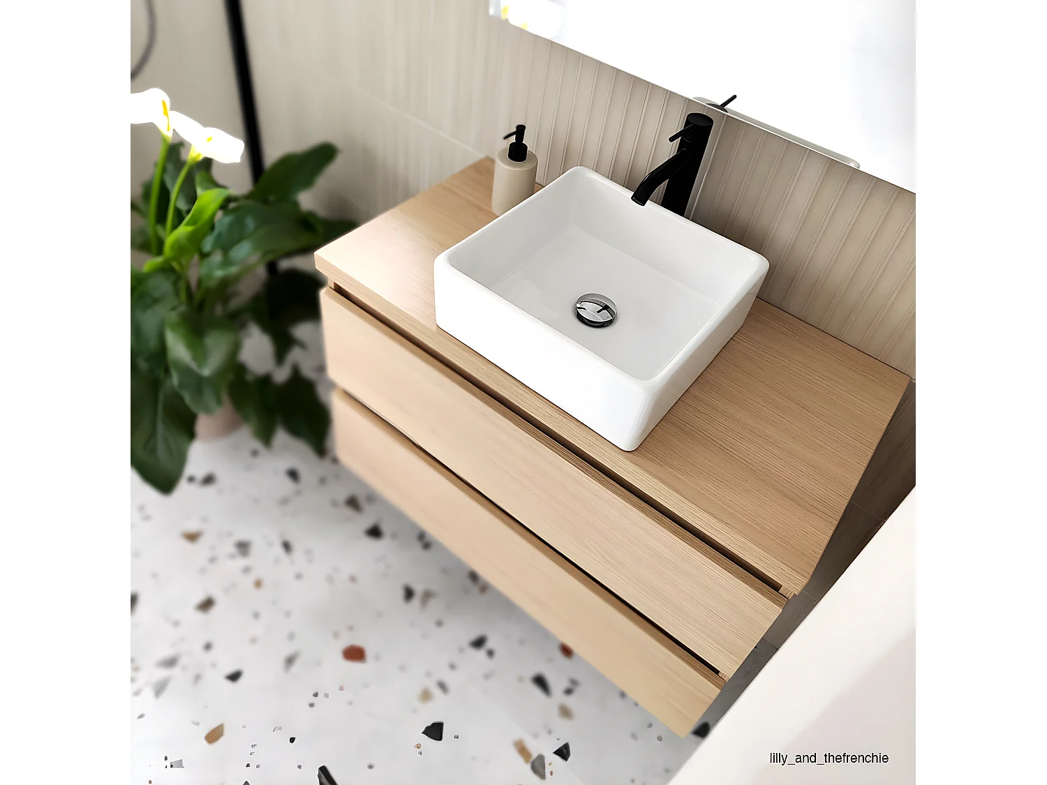 Meuble de salle de bain suspendu vasque à poser 90cm 2 tiroirs Chêne clair + miroir - Hudson