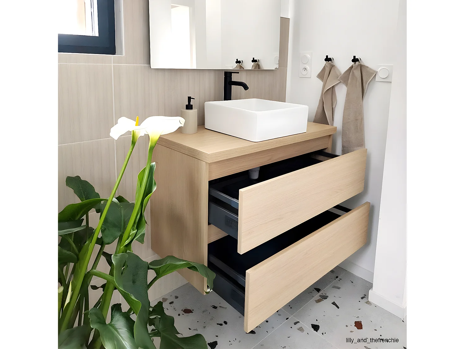 Meuble de salle de bain suspendu vasque à poser 90cm 2 tiroirs Chêne clair + miroir - Hudson