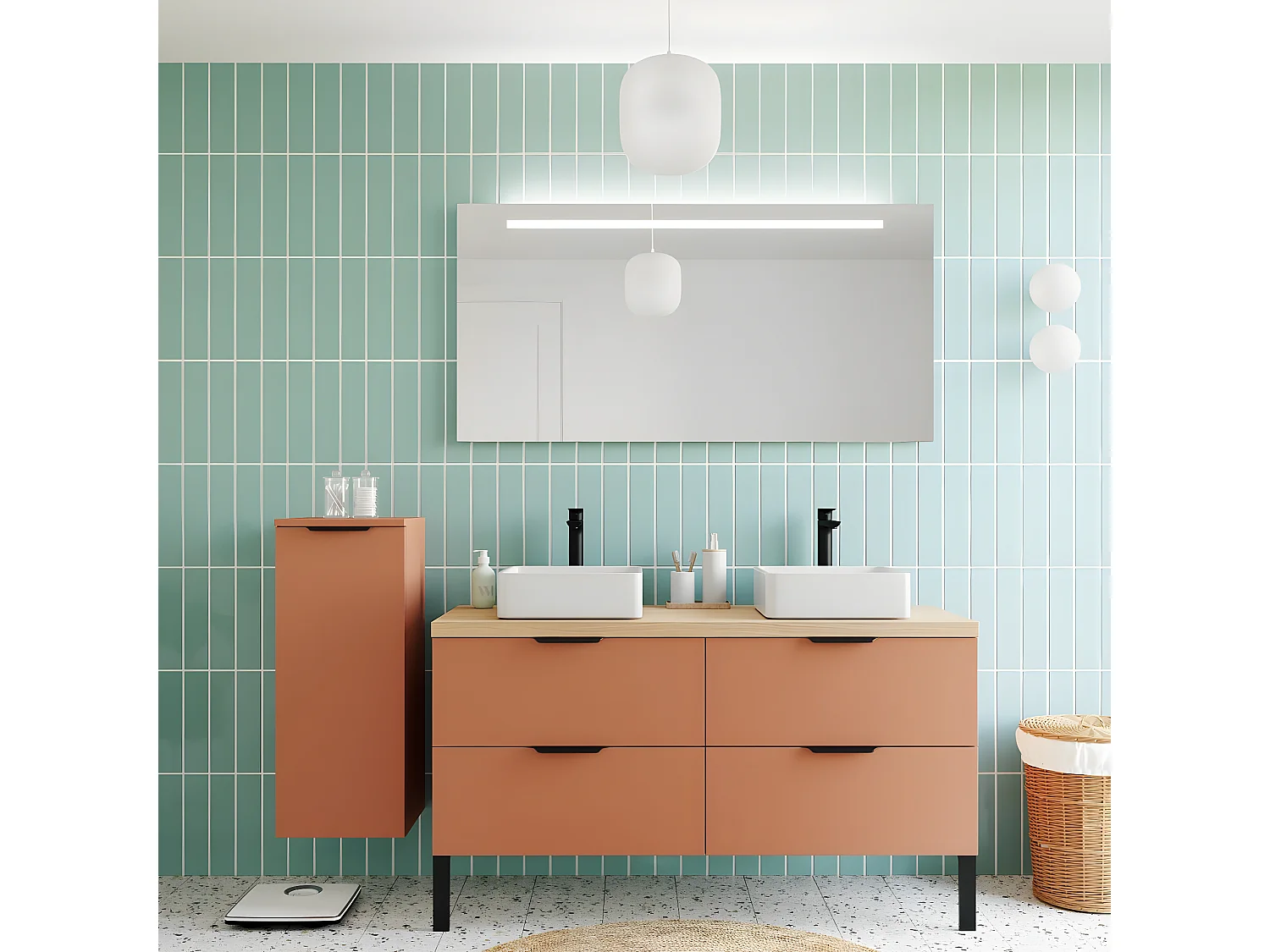 Meuble de salle de bain suspendu 2 vasques à poser 140cm 4 tiroirs Terracotta + miroir - Soho
