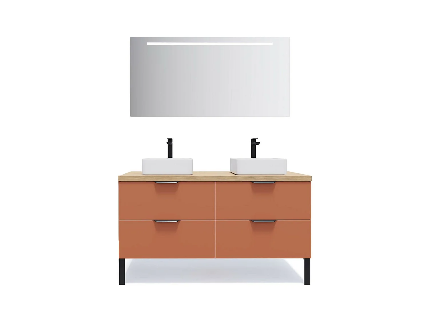 Meuble de salle de bain suspendu 2 vasques à poser 140cm 4 tiroirs Terracotta + miroir - Soho