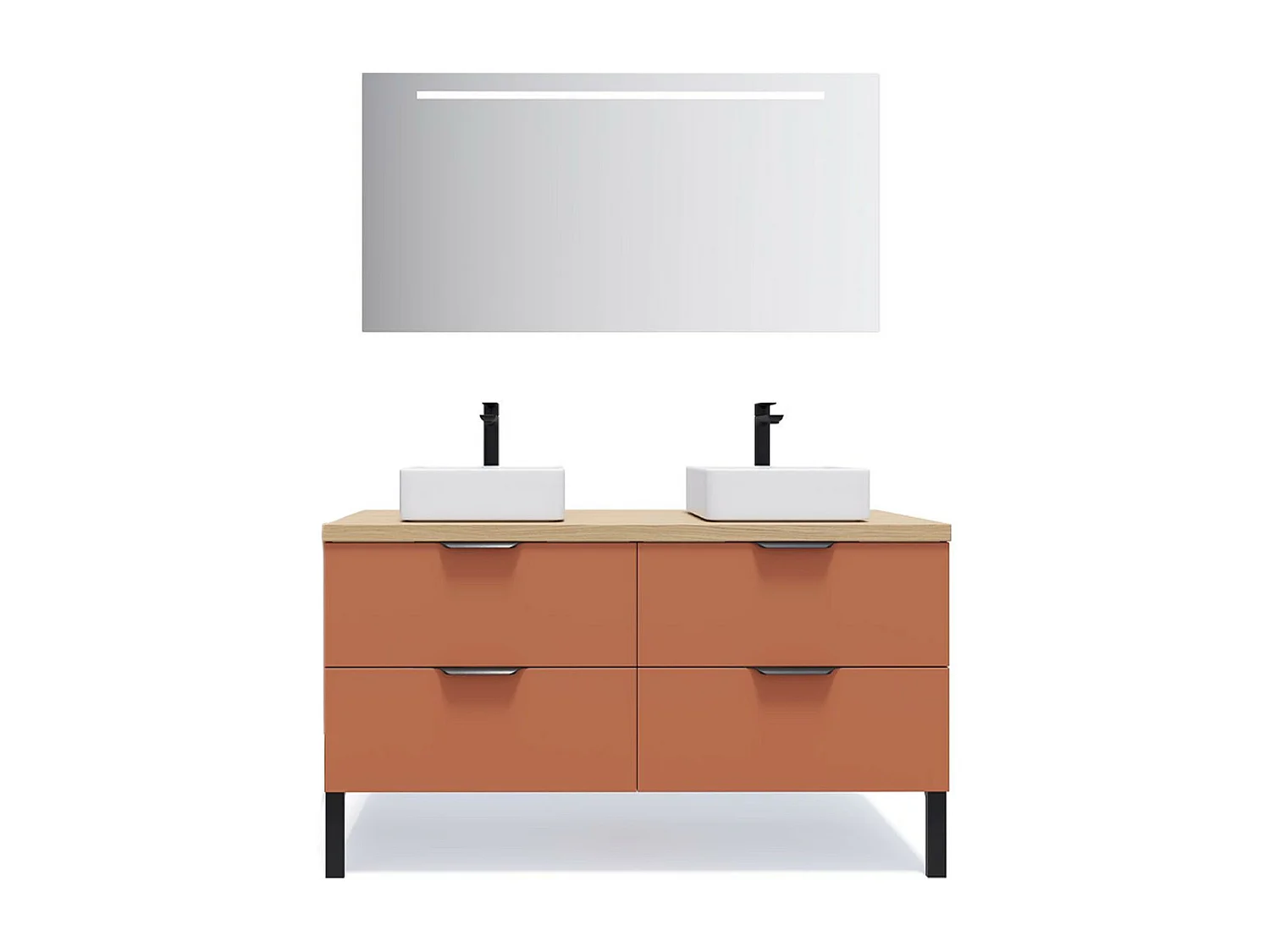 Meuble de salle de bain suspendu 2 vasques à poser 140cm 4 tiroirs Terracotta + miroir - Soho