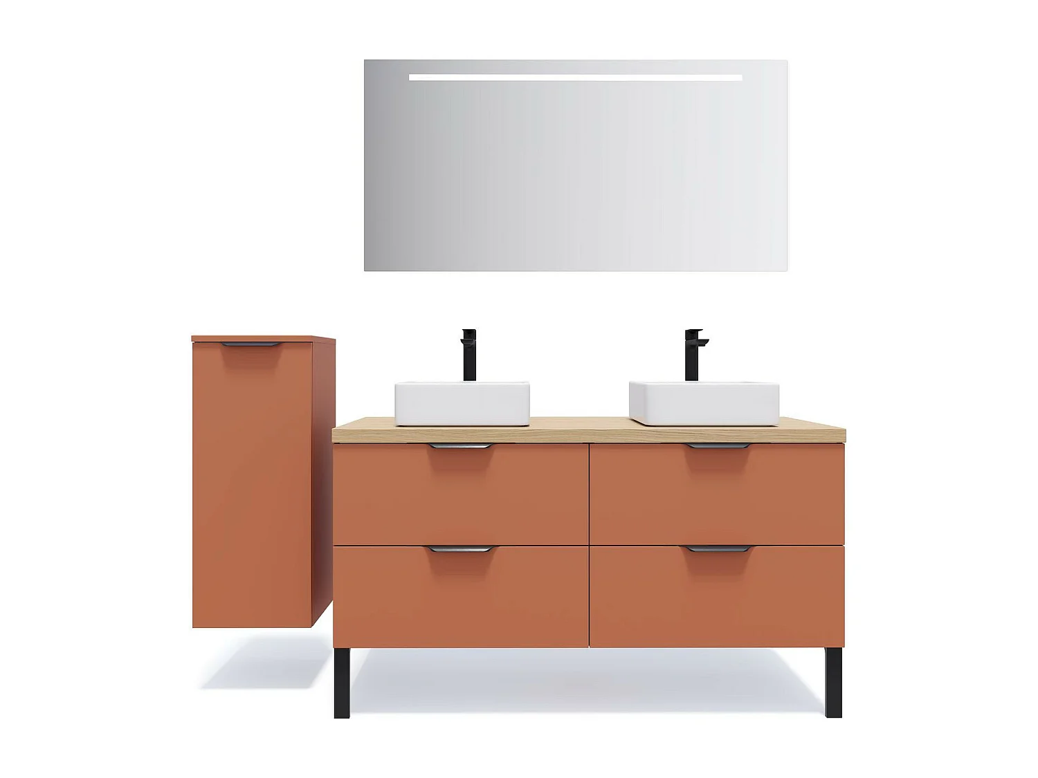 Meuble de salle de bain suspendu 2 vasques à poser 140cm 4 tiroirs Terracotta + miroir - Soho