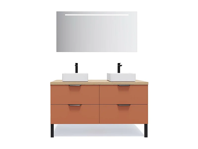 Meuble de salle de bain suspendu 2 vasques à poser 140cm 4 tiroirs Terracotta + miroir - Soho