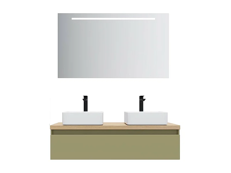 Meuble de salle de bain suspendu 2 vasques à poser 120cm 1 tiroir Vert olive + miroir - Hudson