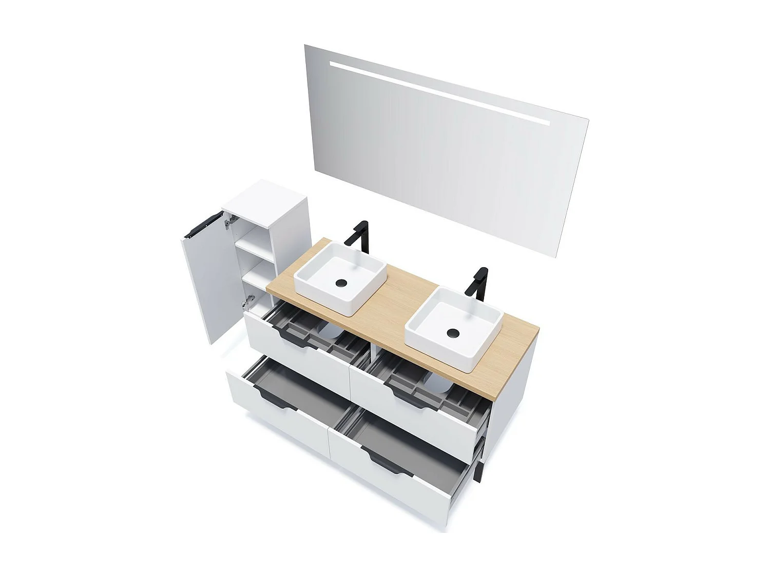 Meuble de salle de bain suspendu 2 vasques à poser 140cm 4 tiroirs Blanc + miroir - Soho
