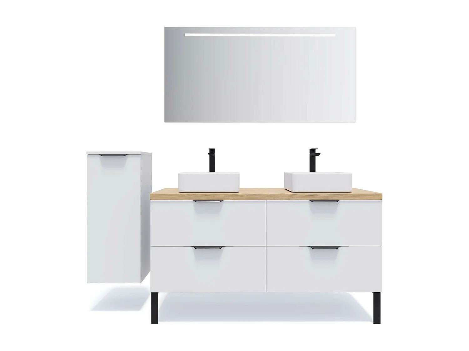 Meuble de salle de bain suspendu 2 vasques à poser 140cm 4 tiroirs Blanc + miroir - Soho