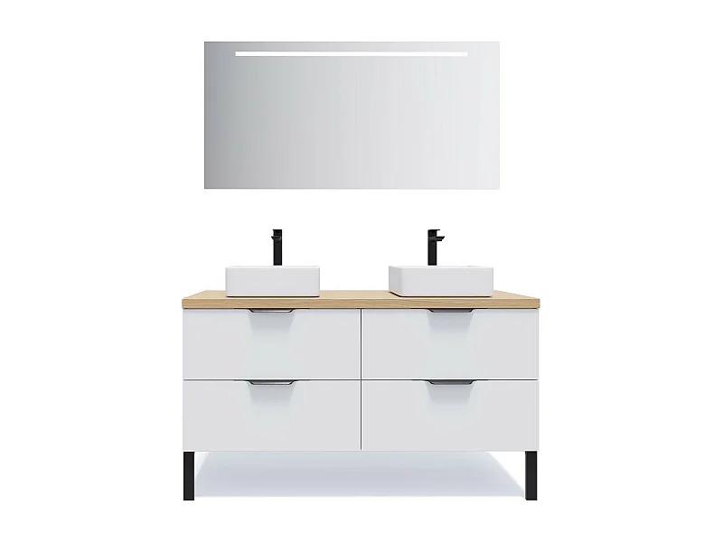 Meuble de salle de bain suspendu 2 vasques à poser 140cm 4 tiroirs Blanc + miroir - Soho