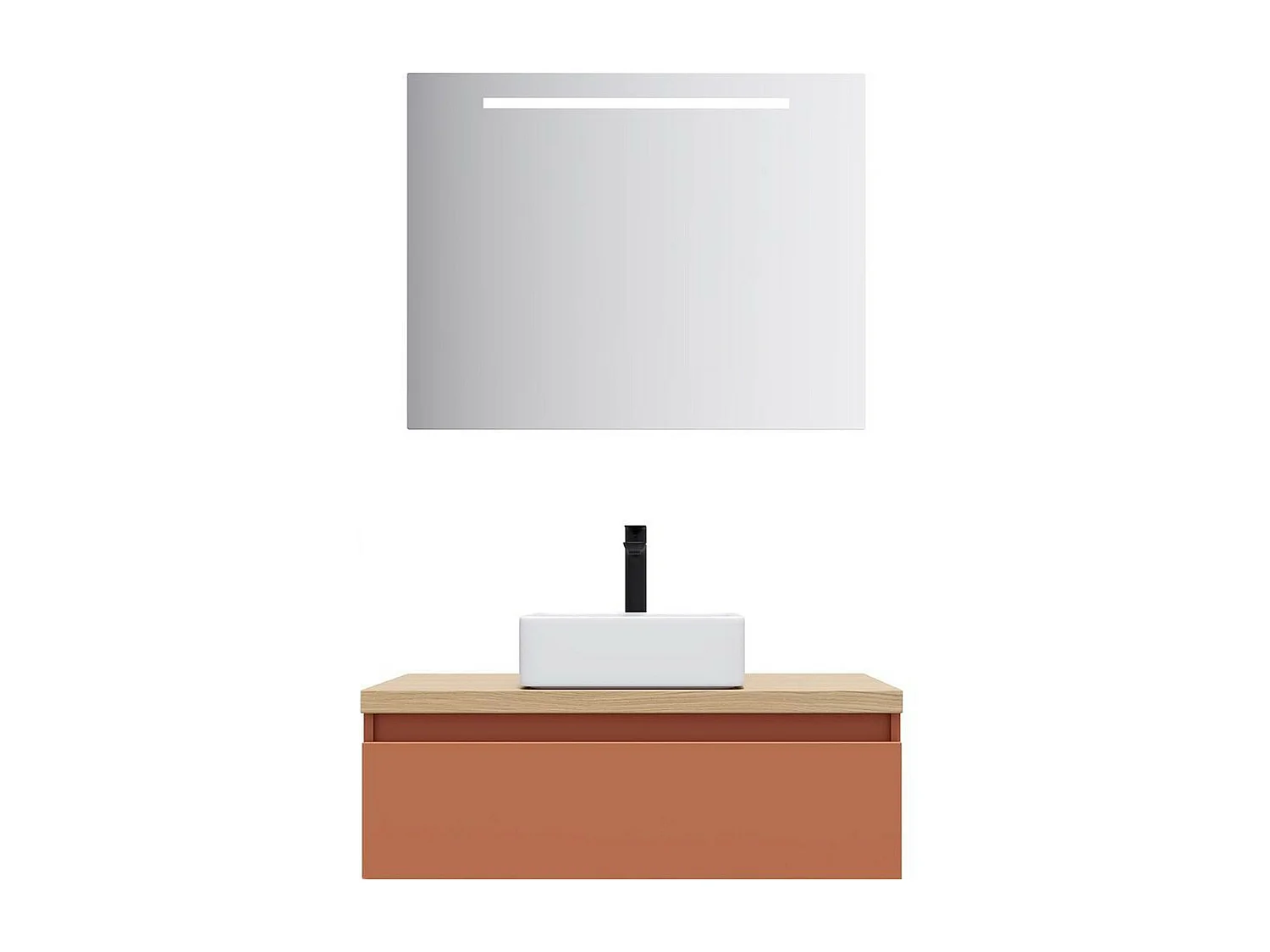 Meuble de salle de bain suspendu vasque à poser 90cm 1 tiroir Terracotta + miroir - Hudson