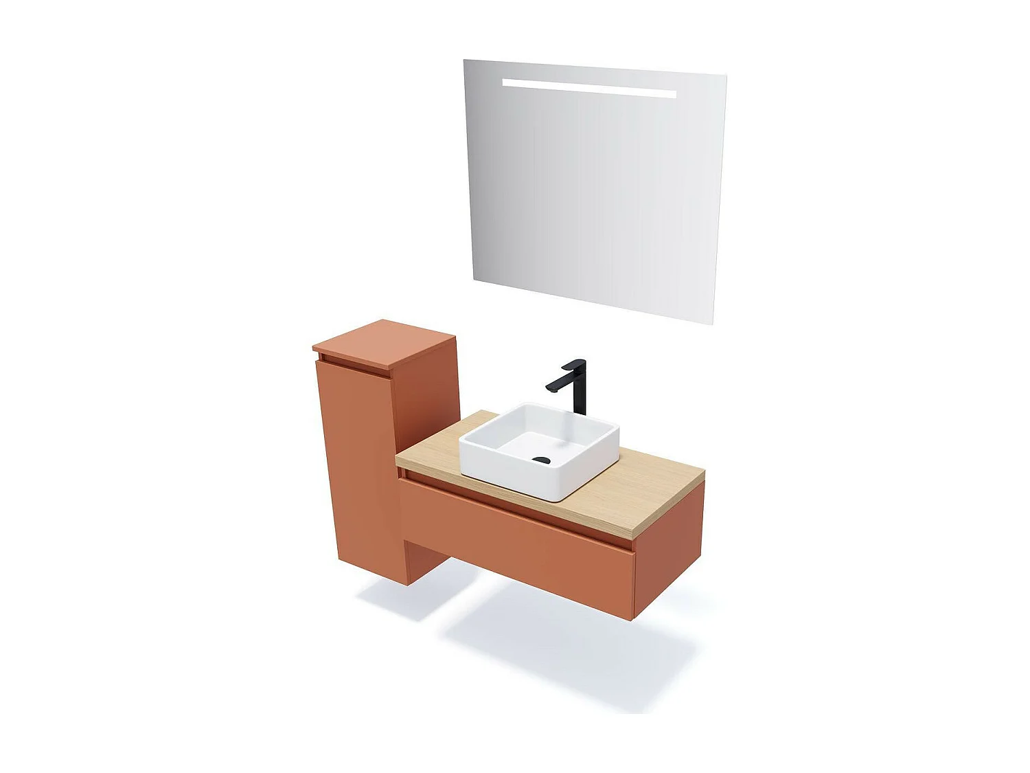 Meuble de salle de bain suspendu vasque à poser 90cm 1 tiroir Terracotta + miroir - Hudson