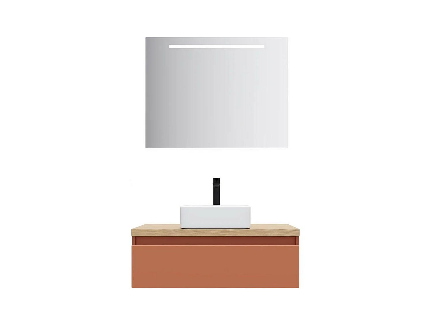 Meuble de salle de bain suspendu vasque à poser 90cm 1 tiroir Terracotta + miroir - Hudson