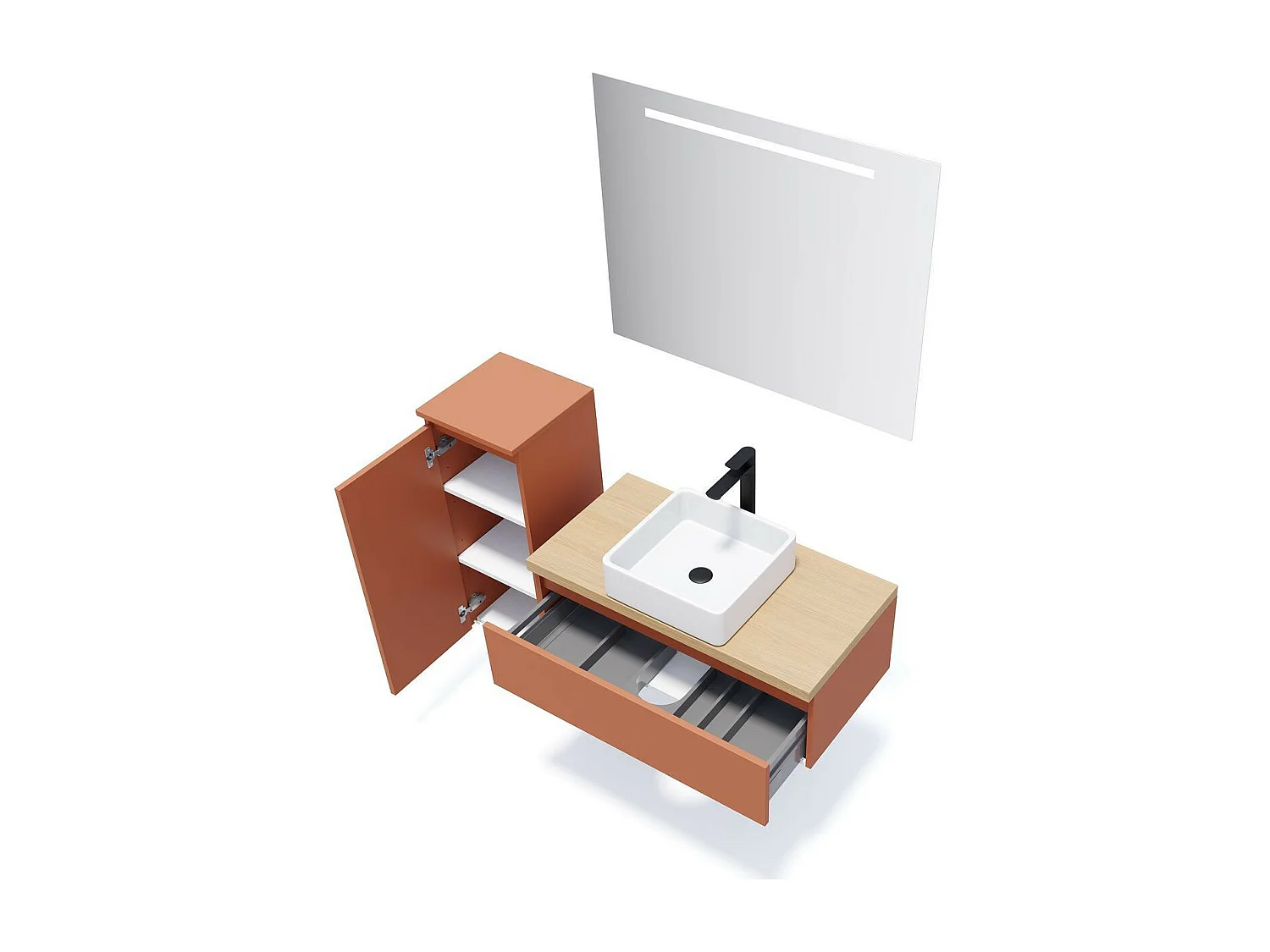 Meuble de salle de bain suspendu vasque à poser 90cm 1 tiroir Terracotta + miroir - Hudson