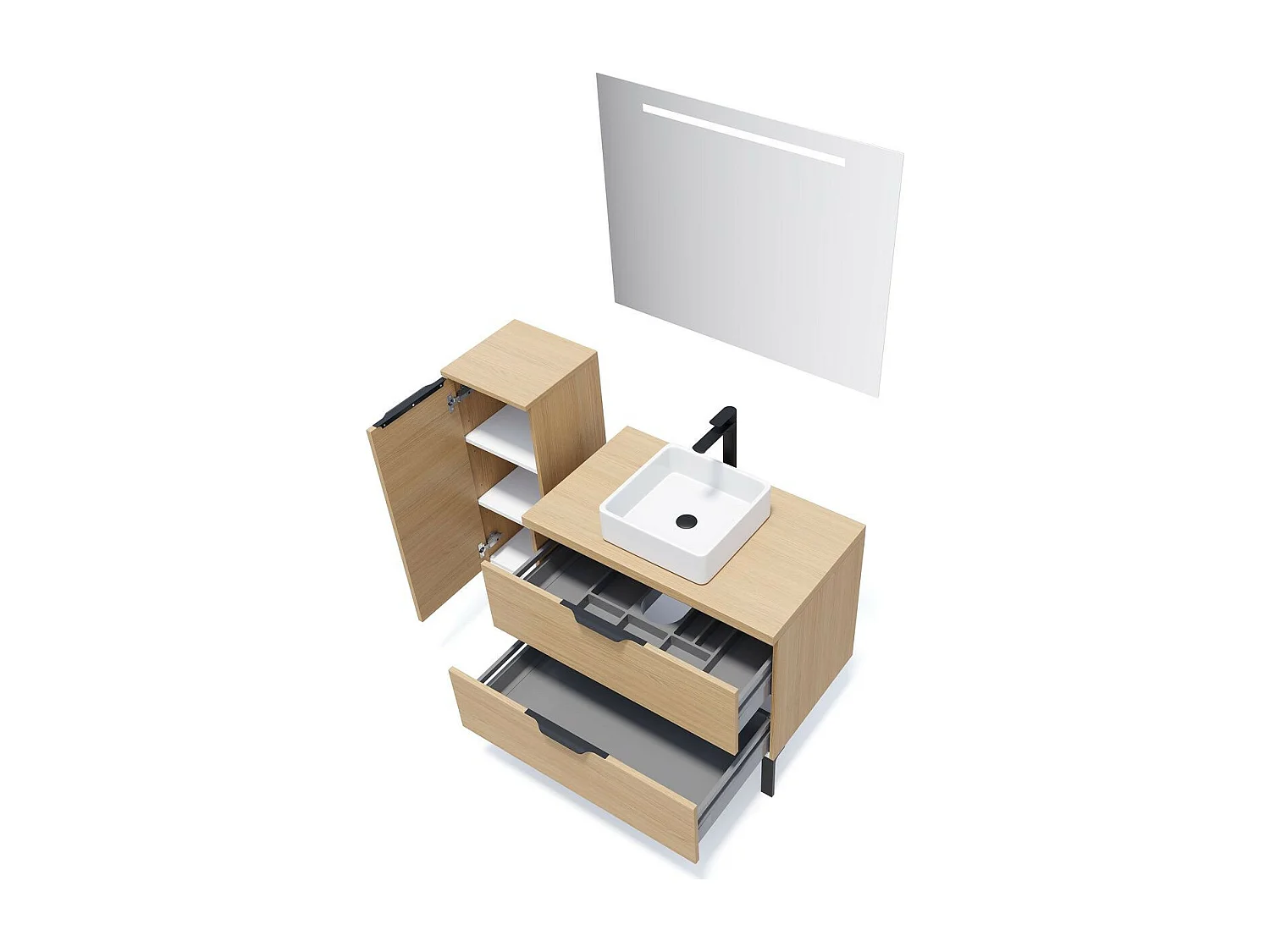 Meuble de salle de bain suspendu vasque à poser 90cm 2 tiroirs Chêne clair - Soho