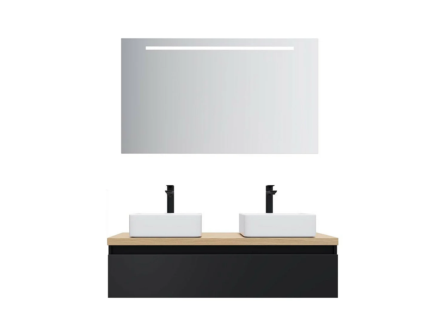 Meuble de salle de bain suspendu 2 vasques à poser 120cm 1 tiroir Noir + miroir - Hudson