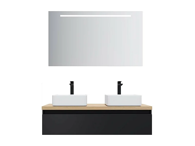 Meuble de salle de bain suspendu 2 vasques à poser 120cm 1 tiroir Noir + miroir - Hudson