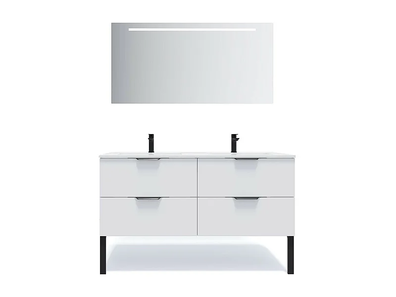 Meuble de salle de bain suspendu double vasque intégrée 140cm 4 tiroirs Blanc + miroir - Soho