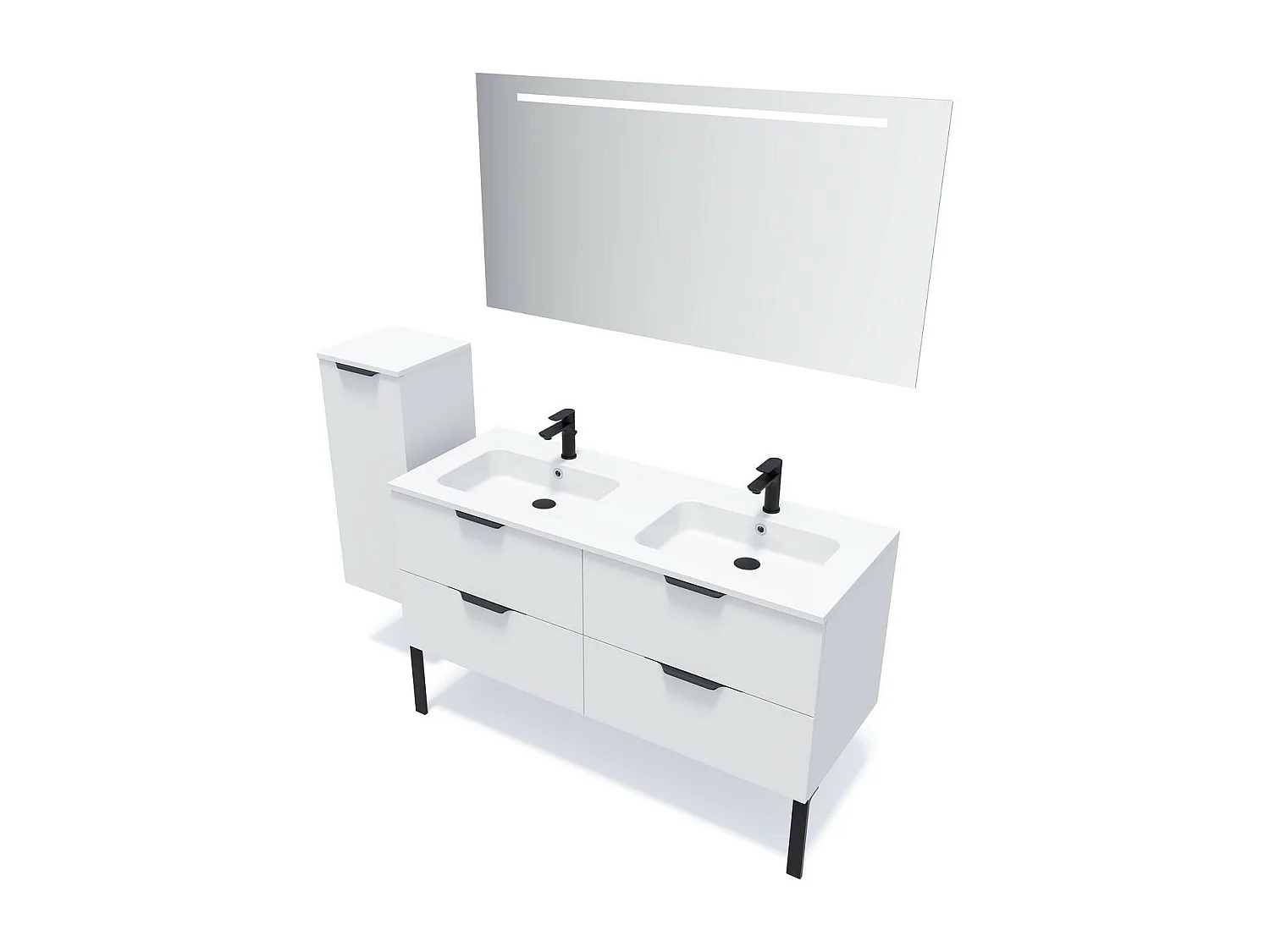Meuble de salle de bain suspendu double vasque intégrée 140cm 4 tiroirs Blanc + miroir - Soho