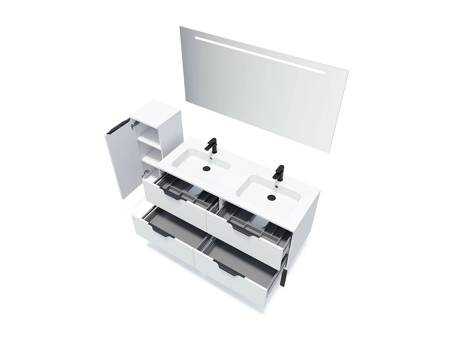 Meuble de salle de bain suspendu double vasque intégrée 140cm 4 tiroirs Blanc + miroir - Soho