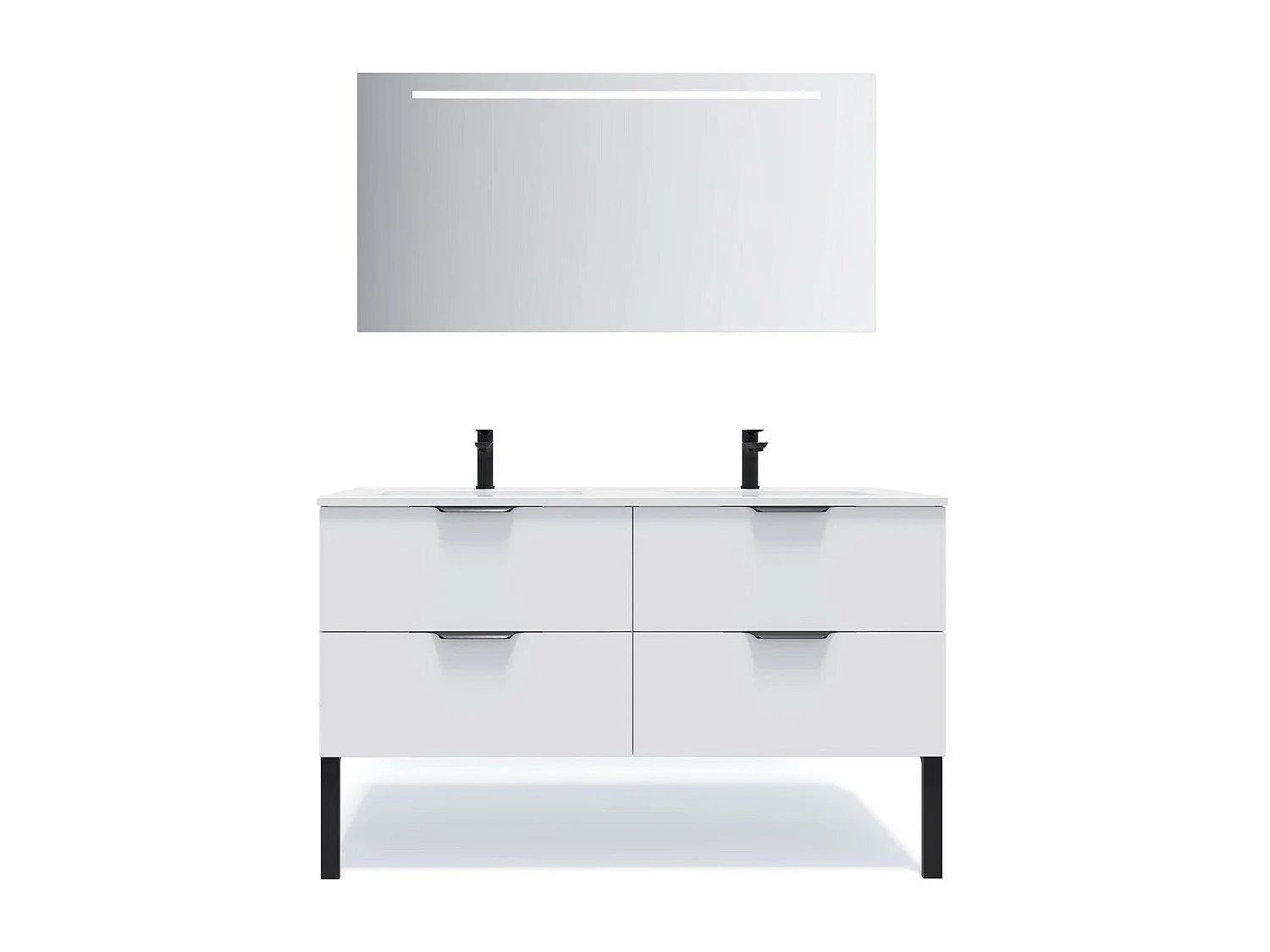 Meuble de salle de bain suspendu double vasque intégrée 140cm 4 tiroirs Blanc + miroir - Soho