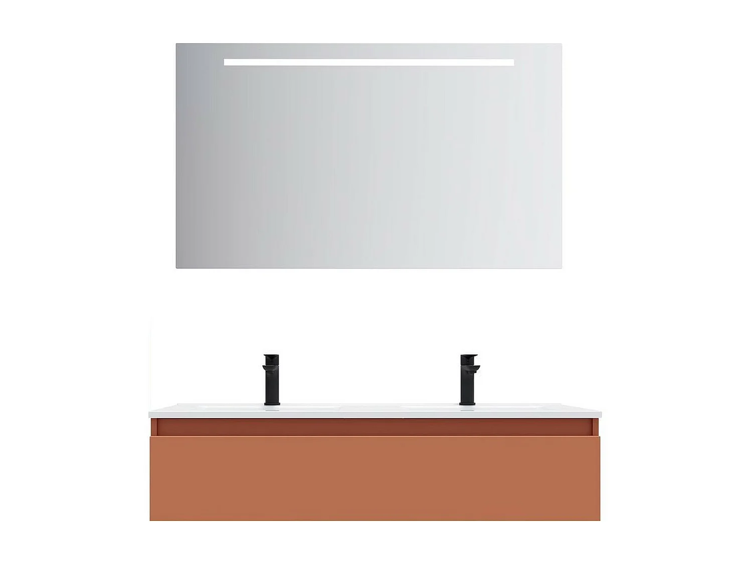 Meuble de salle de bain suspendu double vasque intégrée 120cm 1 tiroir Terracotta + miroir - Hudson
