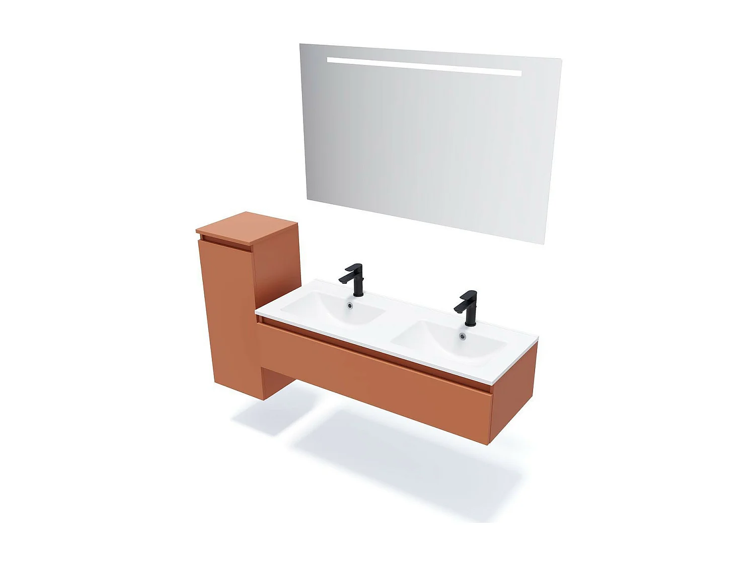 Meuble de salle de bain suspendu double vasque intégrée 120cm 1 tiroir Terracotta + miroir - Hudson