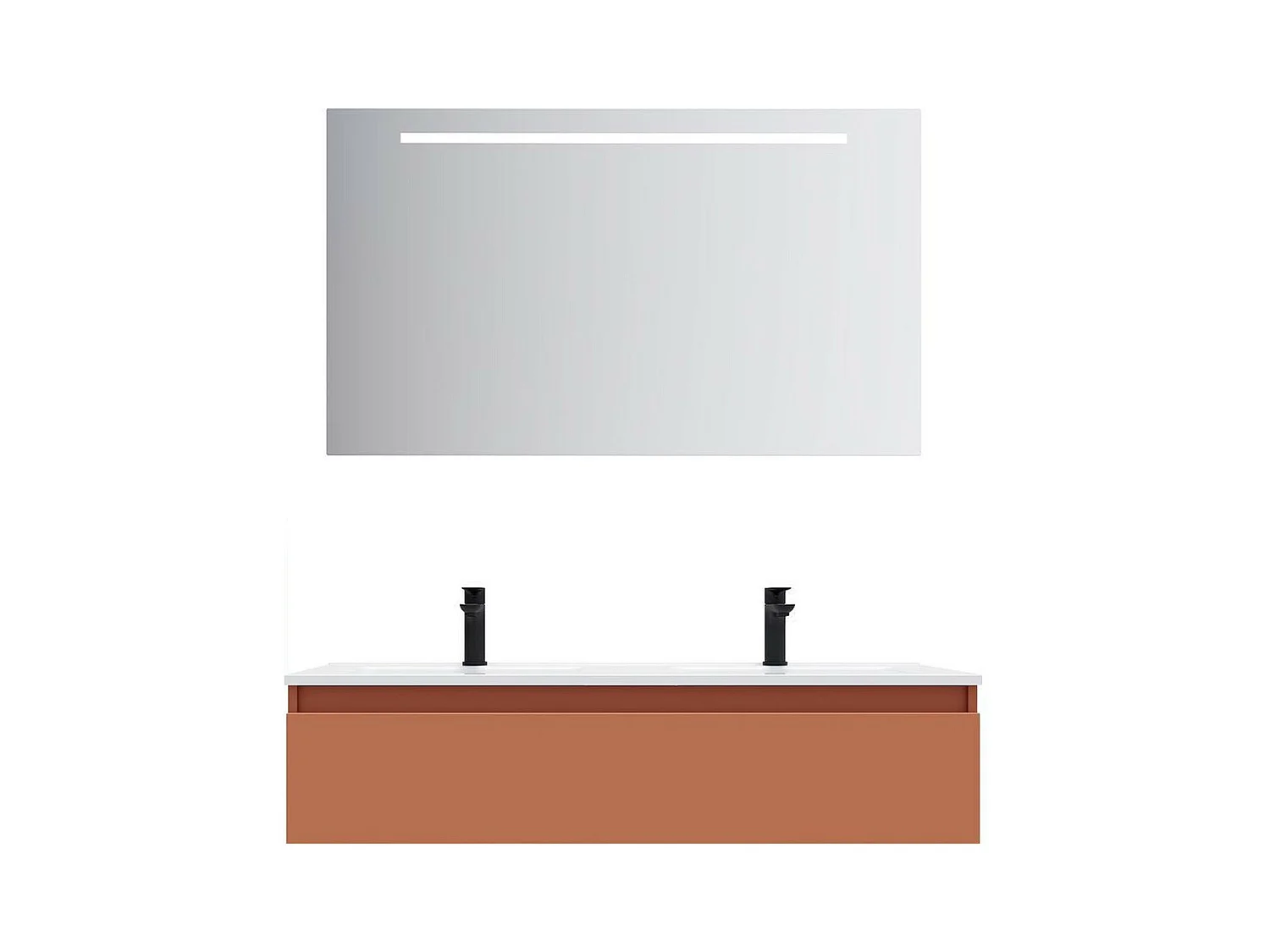 Meuble de salle de bain suspendu double vasque intégrée 120cm 1 tiroir Terracotta + miroir - Hudson