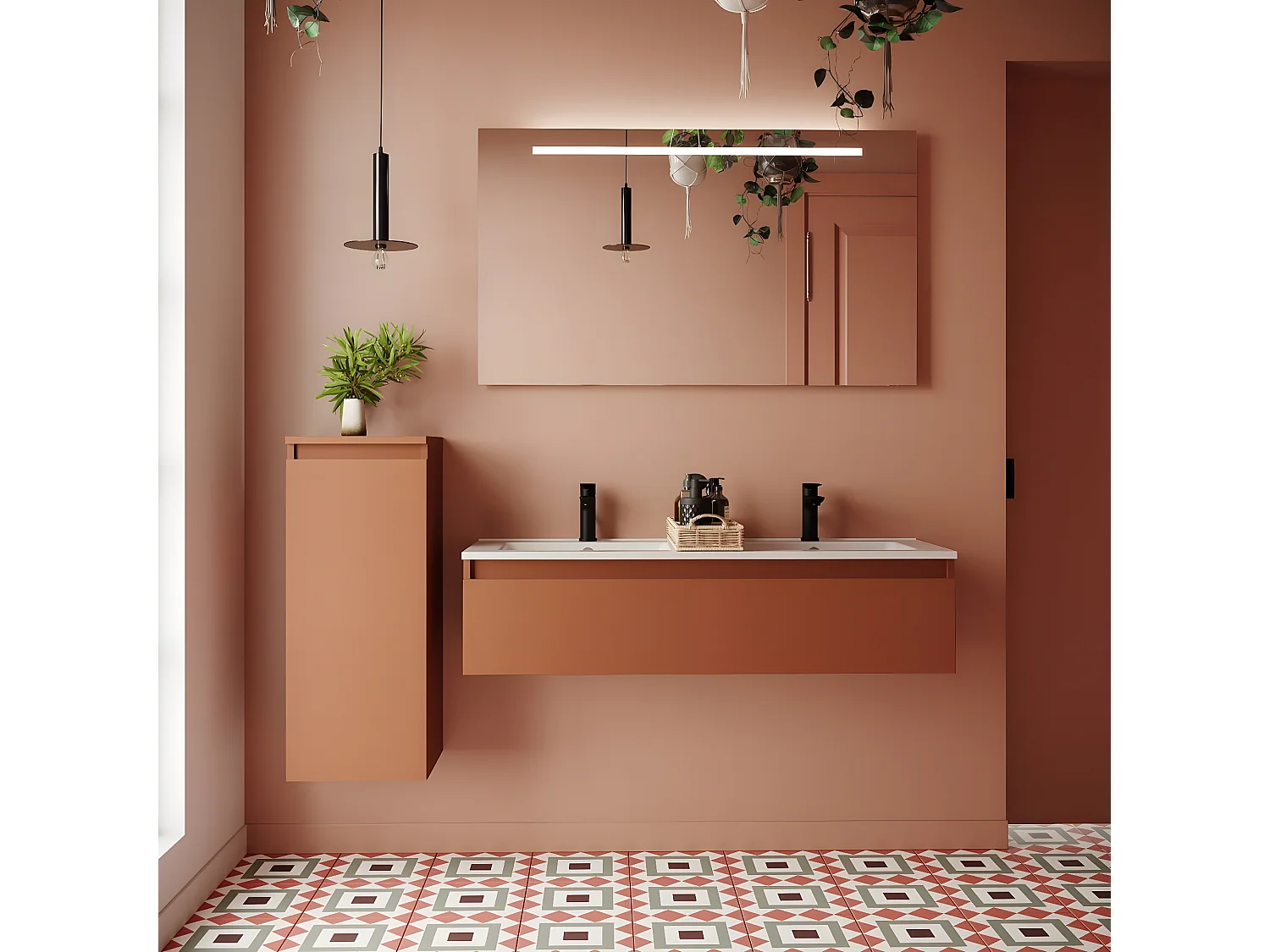Meuble de salle de bain suspendu double vasque intégrée 120cm 1 tiroir Terracotta + miroir - Hudson