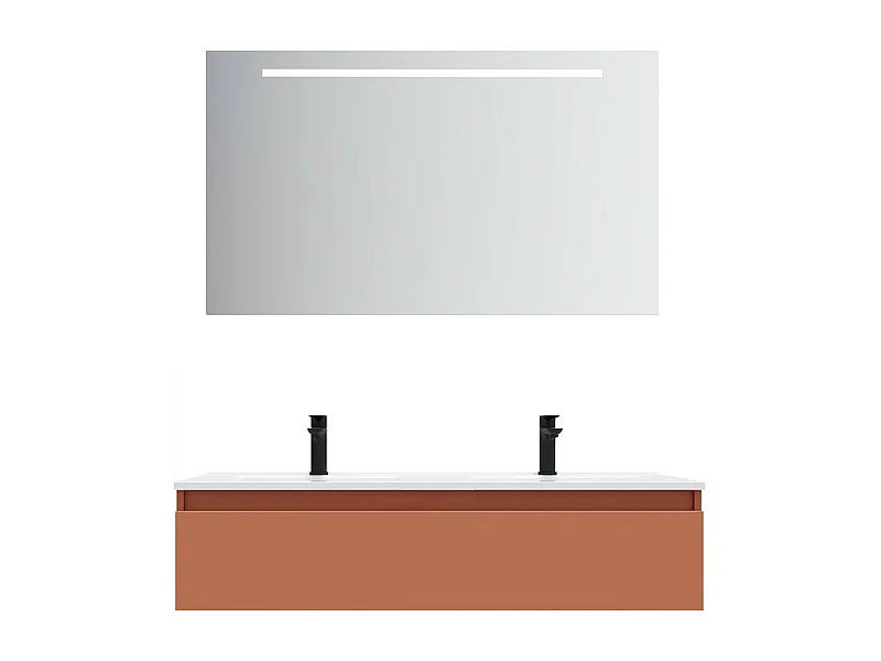 Meuble de salle de bain suspendu double vasque intégrée 120cm 1 tiroir Terracotta + miroir - Hudson