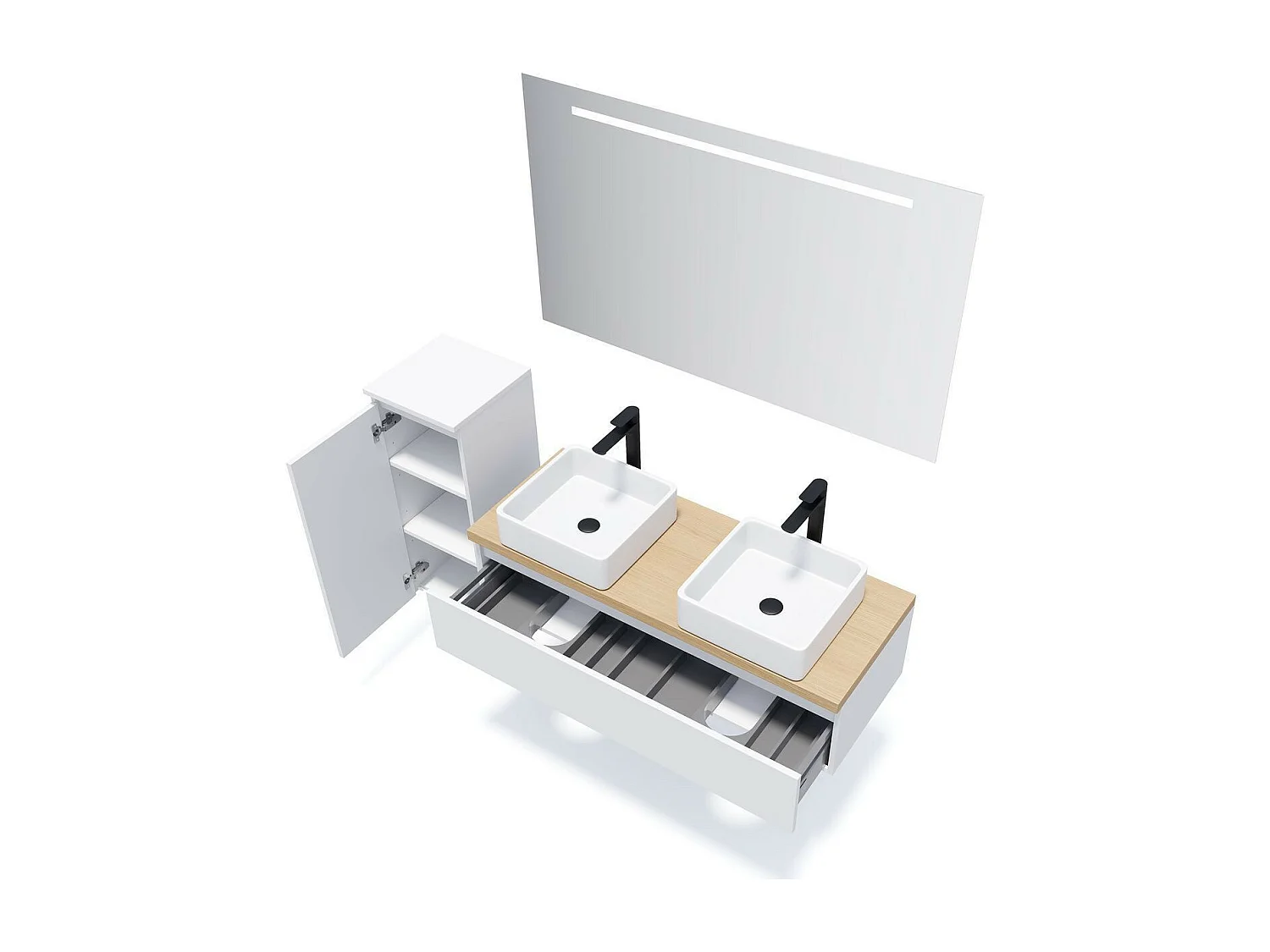 Meuble de salle de bain suspendu 2 vasques à poser 120cm 1 tiroir Blanc + miroir - Hudson