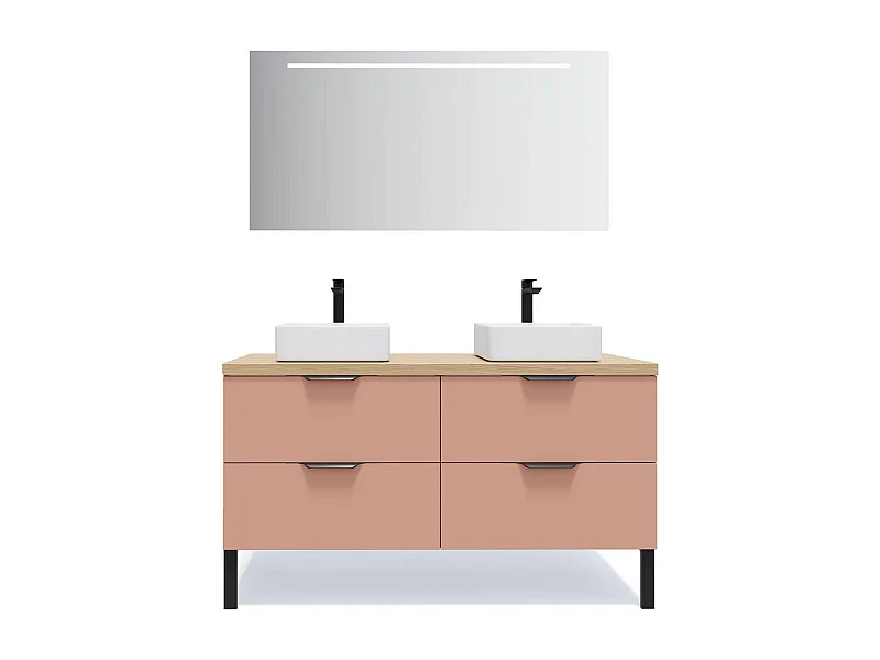 Meuble de salle de bain suspendu 2 vasques à poser 140cm 4 tiroirs Abricot + miroir - Soho