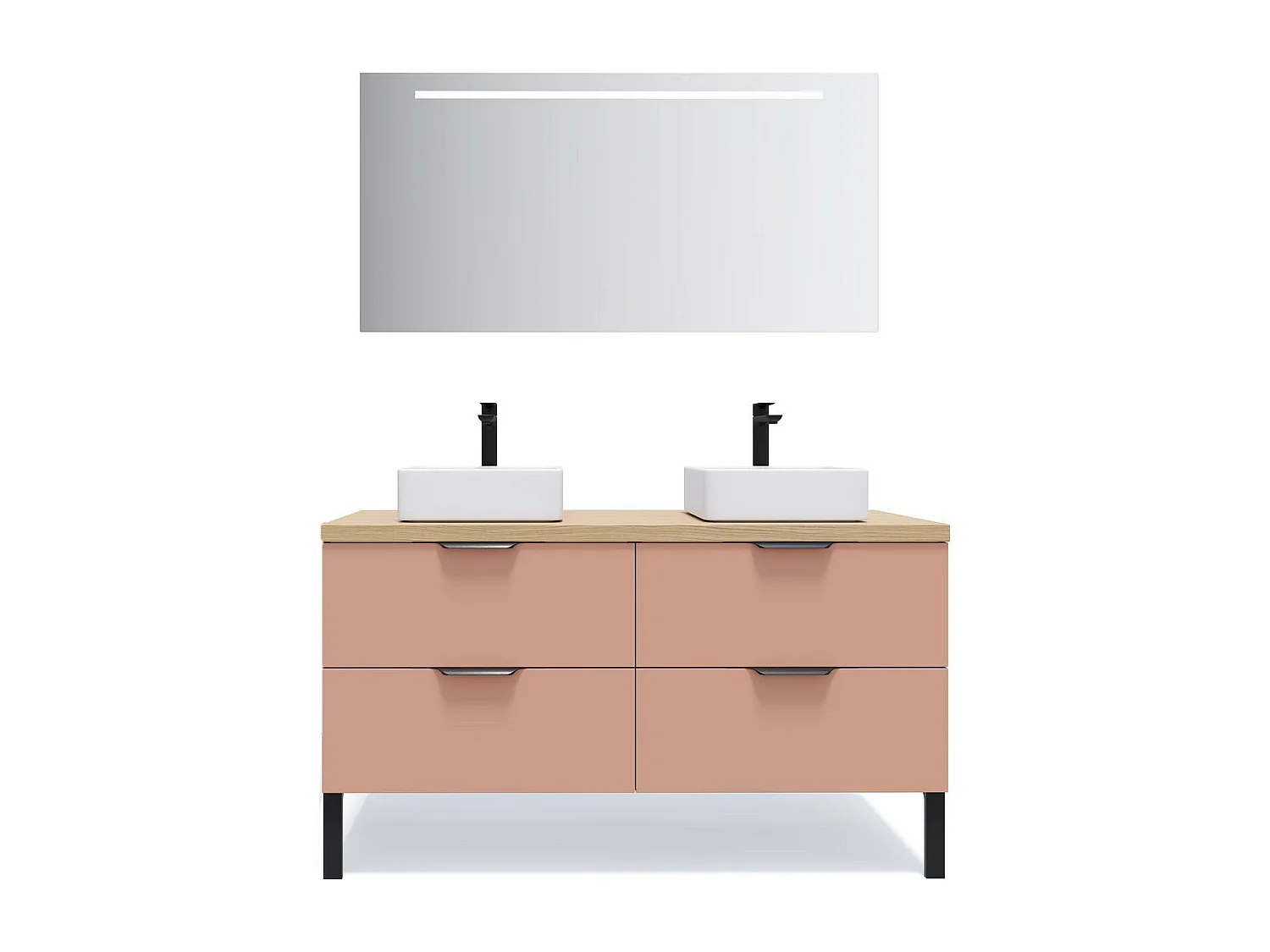 Meuble de salle de bain suspendu 2 vasques à poser 140cm 4 tiroirs Abricot + miroir - Soho