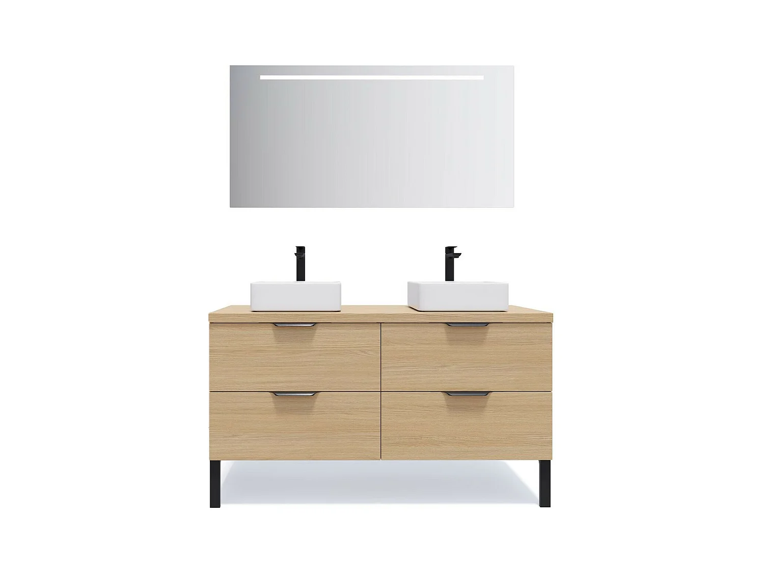 Meuble de salle de bain suspendu 2 vasques à poser 140cm 4 tiroirs Chêne clair + miroir - Soho