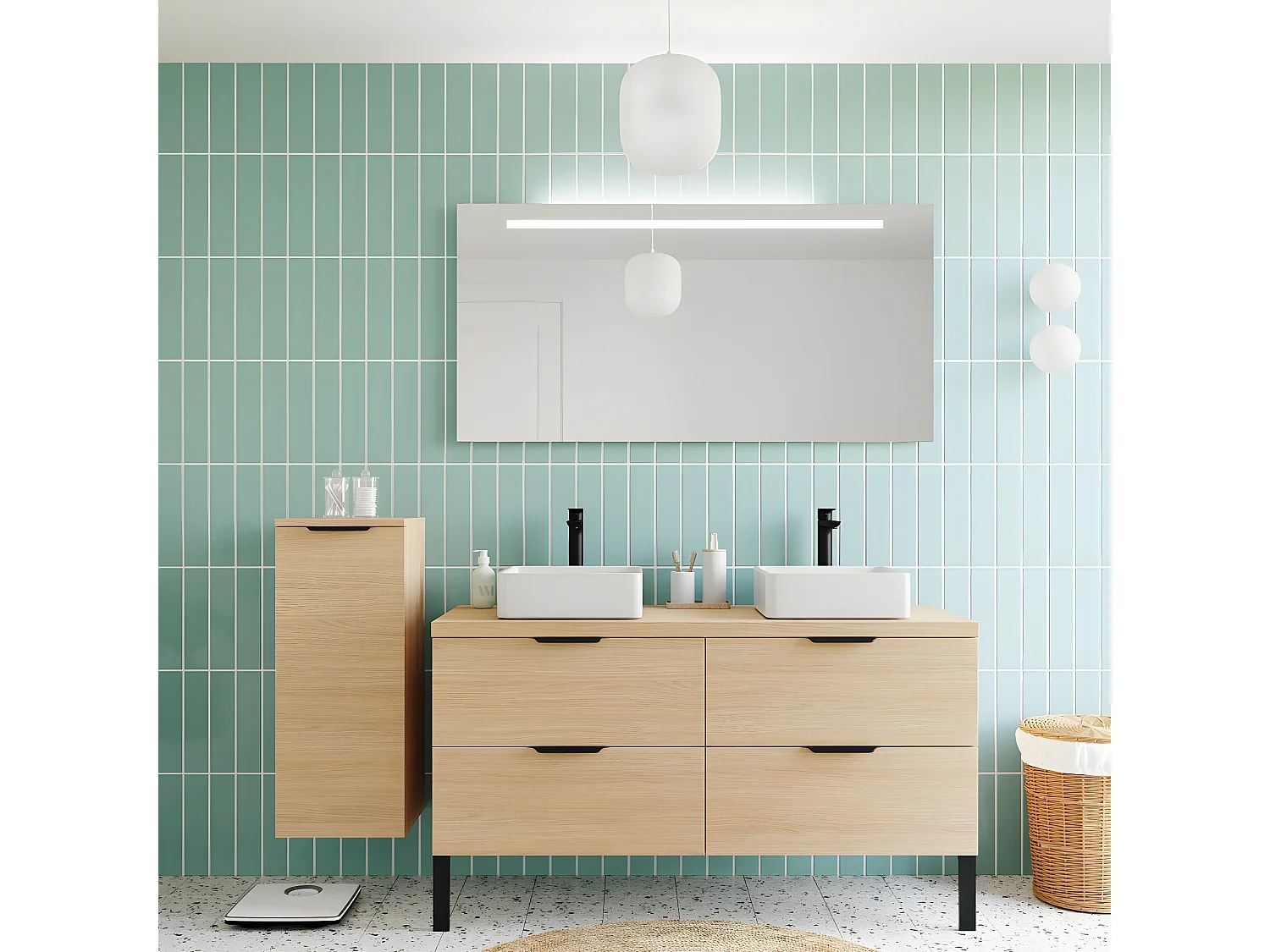 Meuble de salle de bain suspendu 2 vasques à poser 140cm 4 tiroirs Chêne clair + miroir - Soho