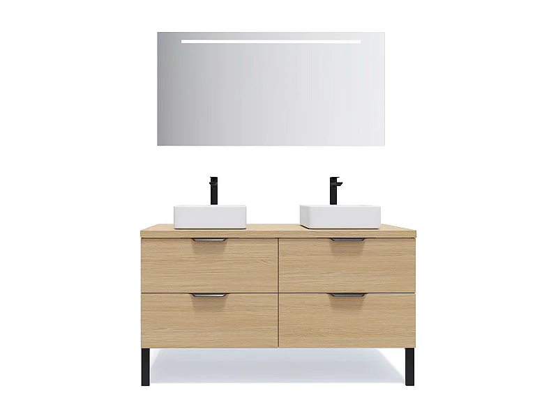 Meuble de salle de bain suspendu 2 vasques à poser 140cm 4 tiroirs Chêne clair + miroir - Soho